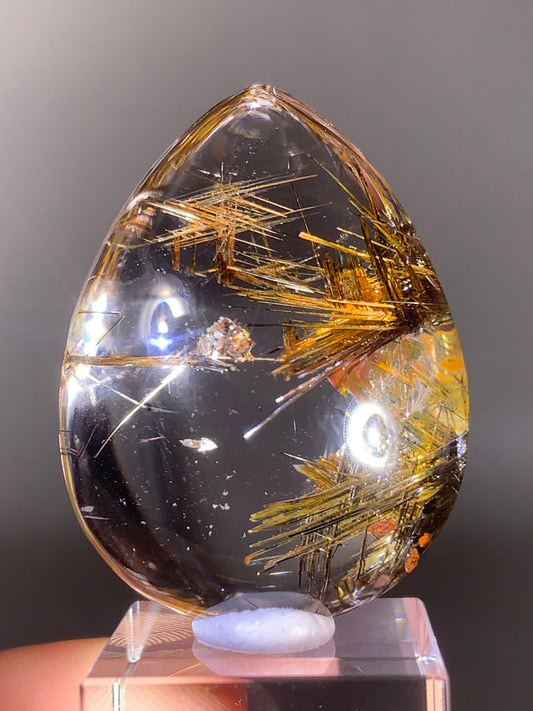 Top-Quality Rare Gold Sagenite Rutile in Quartz Polished Teardrop from Brazil | Natural Crystal