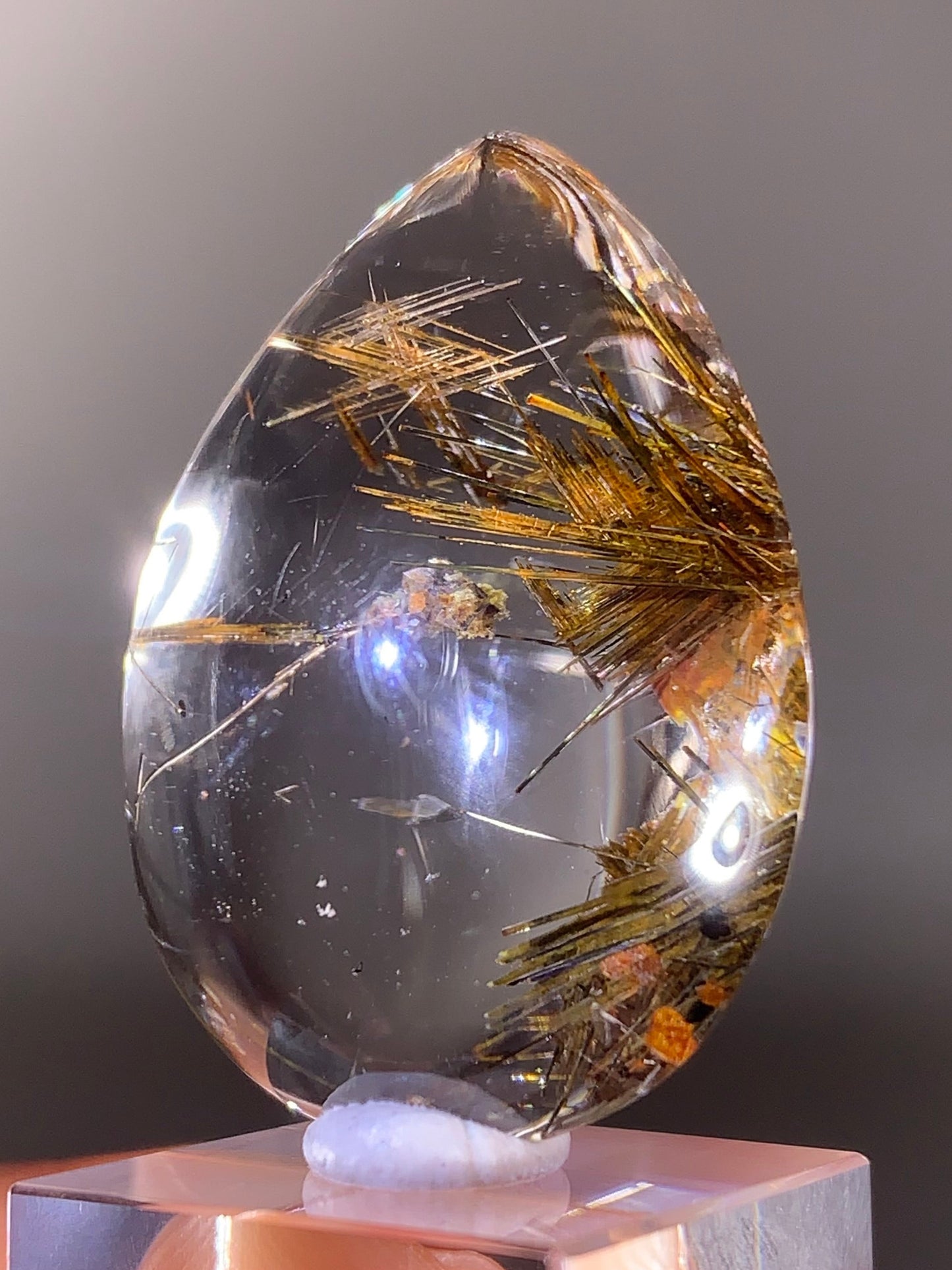 Top-Quality Rare Gold Sagenite Rutile in Quartz Polished Teardrop from Brazil | Natural Crystal