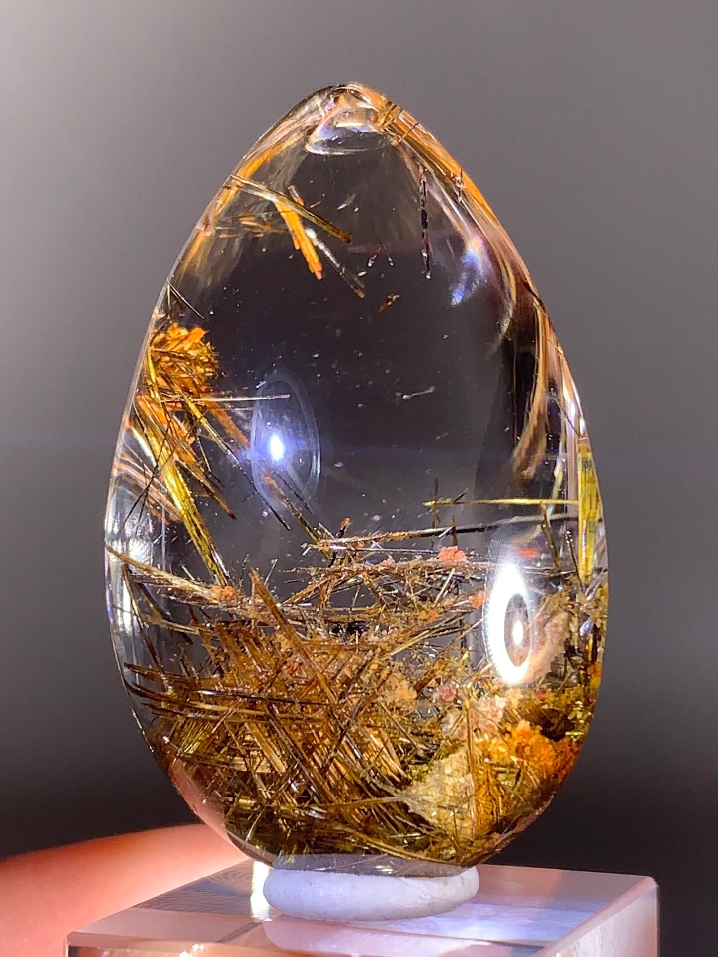 Top-Quality Rare Gold Sagenite Rutile in Quartz Polished Teardrop from Brazil | Natural Crystal