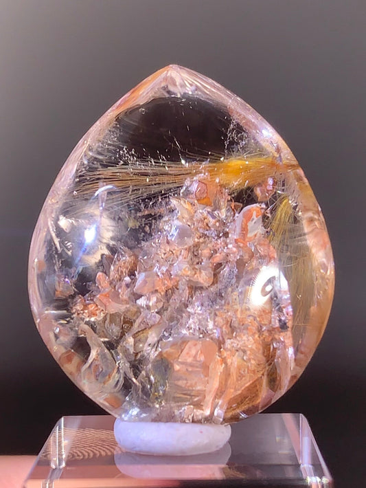 Peach Manifestation Quartz Cluster with Gold Rutile Polished Teardrop from Brazil | Natural Crystal