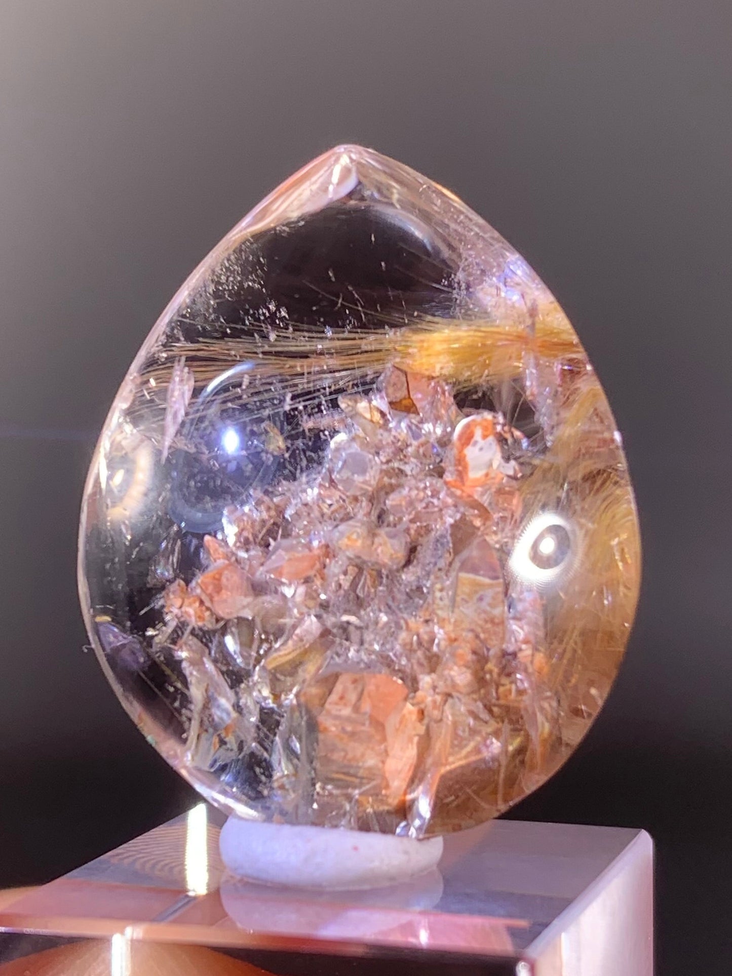Peach Manifestation Quartz Cluster with Gold Rutile Polished Teardrop from Brazil | Natural Crystal