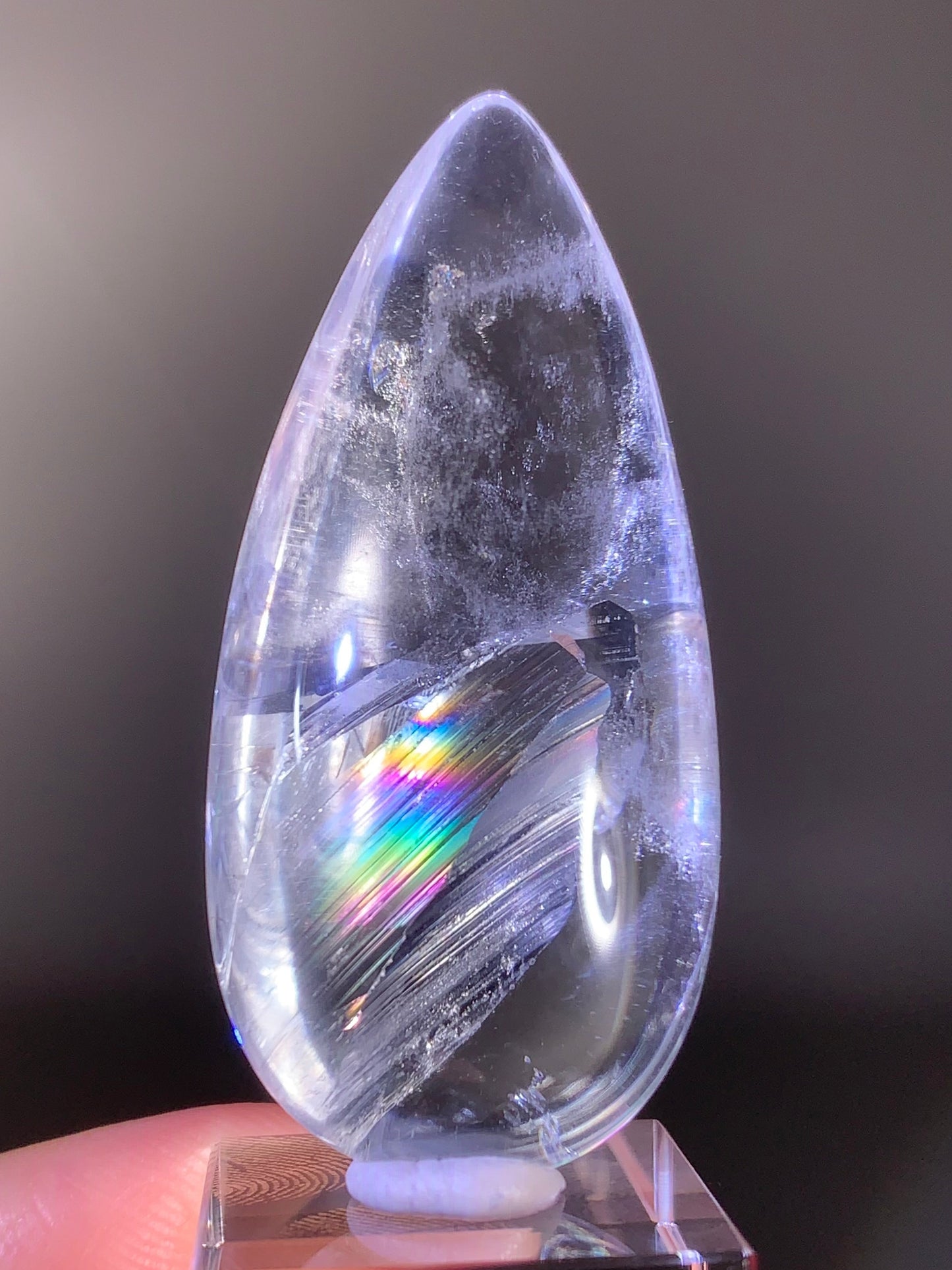 Manifestation Quartz (Quartz in Quartz) with Rainbow Inclusion Polished Teardrop from Madagascar | Natural Crystal
