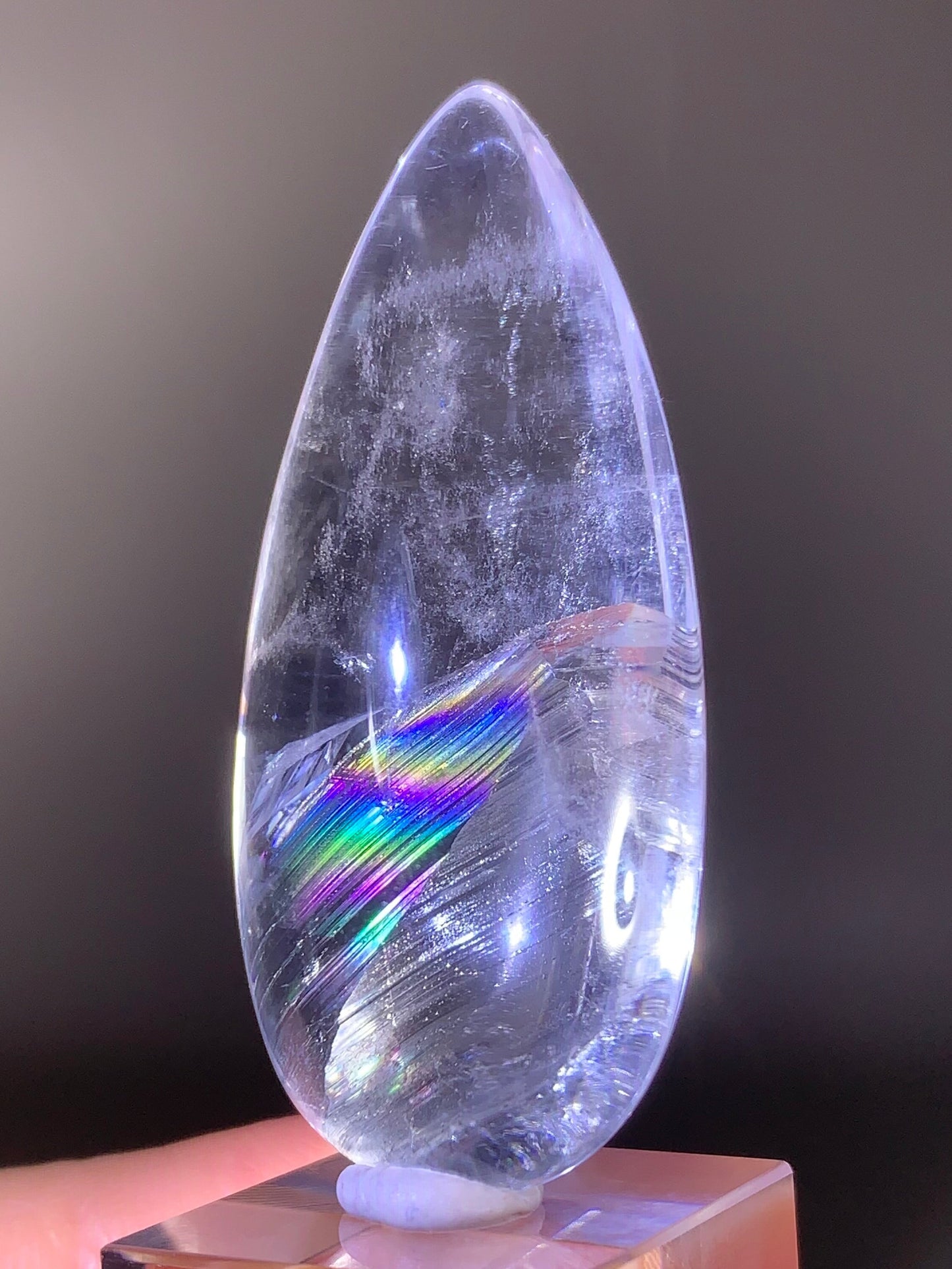 Manifestation Quartz (Quartz in Quartz) with Rainbow Inclusion Polished Teardrop from Madagascar | Natural Crystal