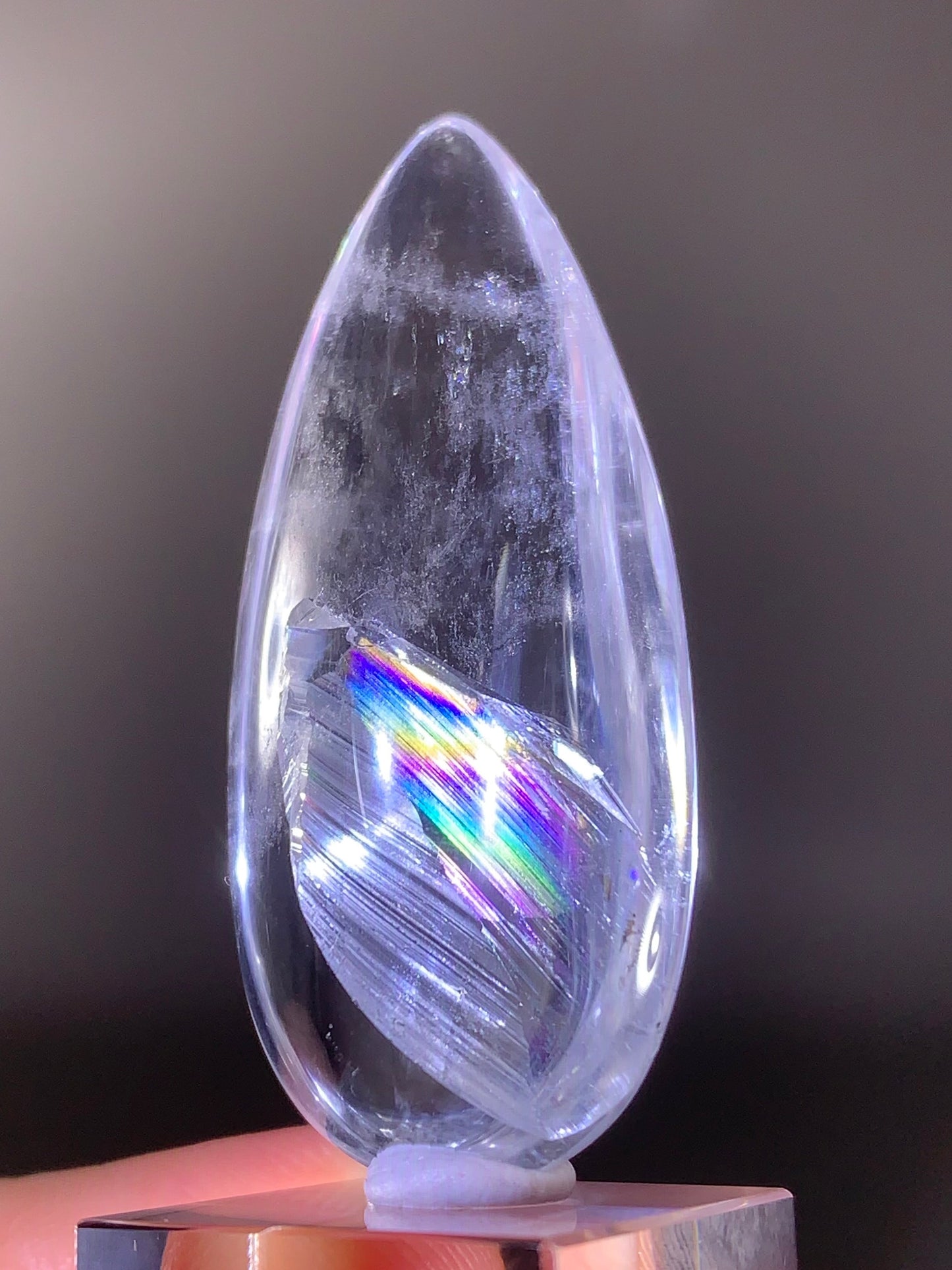 Manifestation Quartz (Quartz in Quartz) with Rainbow Inclusion Polished Teardrop from Madagascar | Natural Crystal