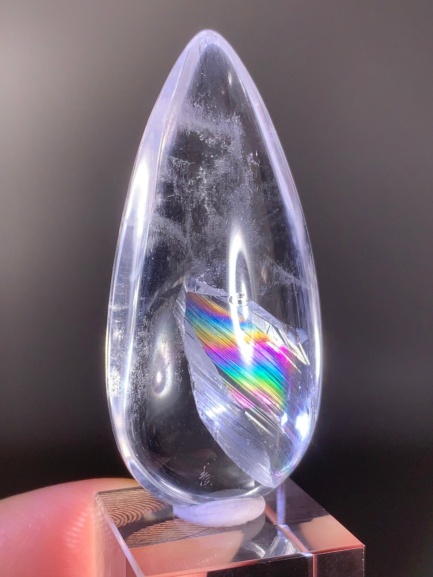 Manifestation Quartz (Quartz in Quartz) with Rainbow Inclusion Polished Teardrop from Madagascar | Natural Crystal