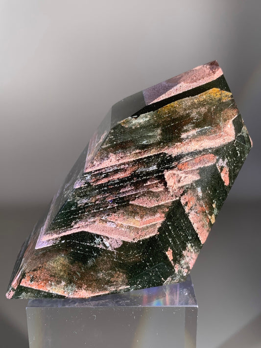 Large Pink Lodolite & Green Chlorite Layered Garden Quartz Polished Tower from Brazil