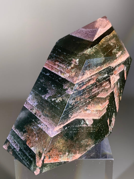 Large Pink Lodolite & Green Chlorite Layered Garden Quartz Polished Tower from Brazil