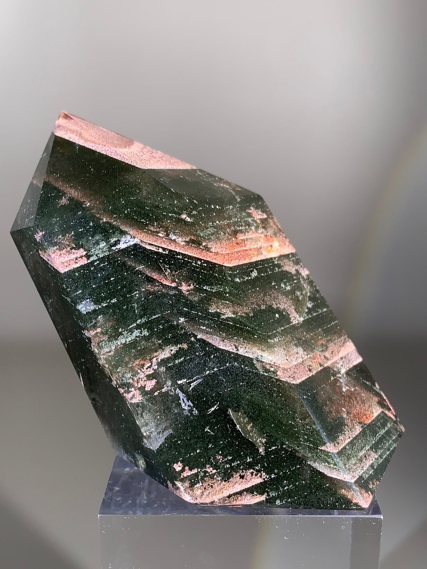 Large Pink Lodolite & Green Chlorite Layered Garden Quartz Polished Tower from Brazil