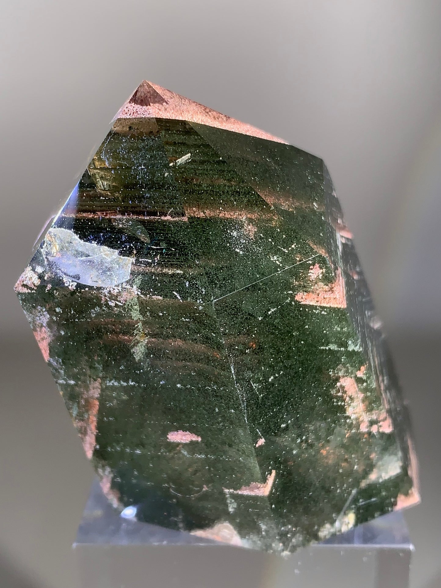 Large Pink Lodolite & Green Chlorite Layered Garden Quartz Polished Tower from Brazil