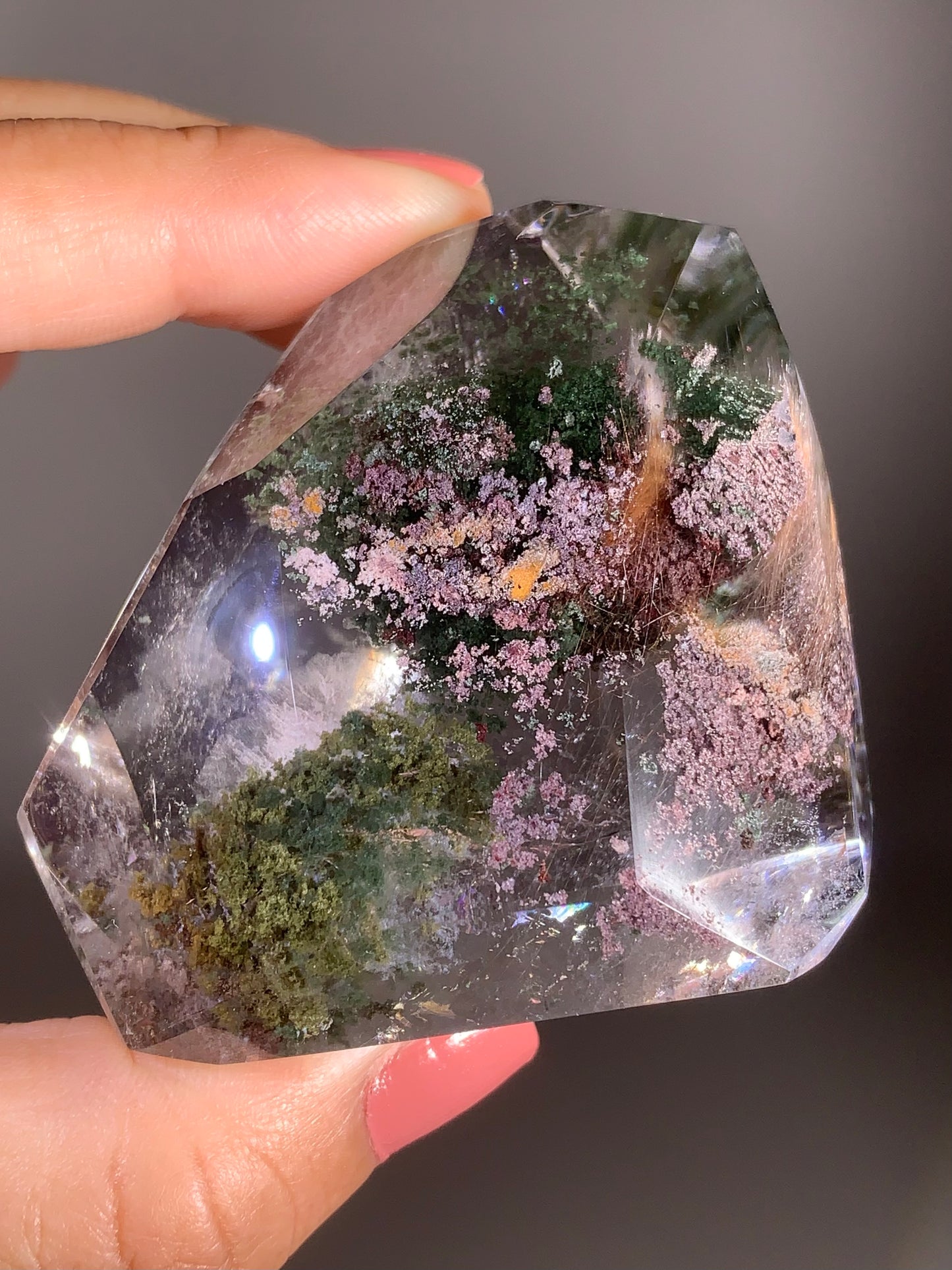High-Grade Four Seasons Garden Quartz with Gold & Pink Rutile Polished Freeform from Brazil