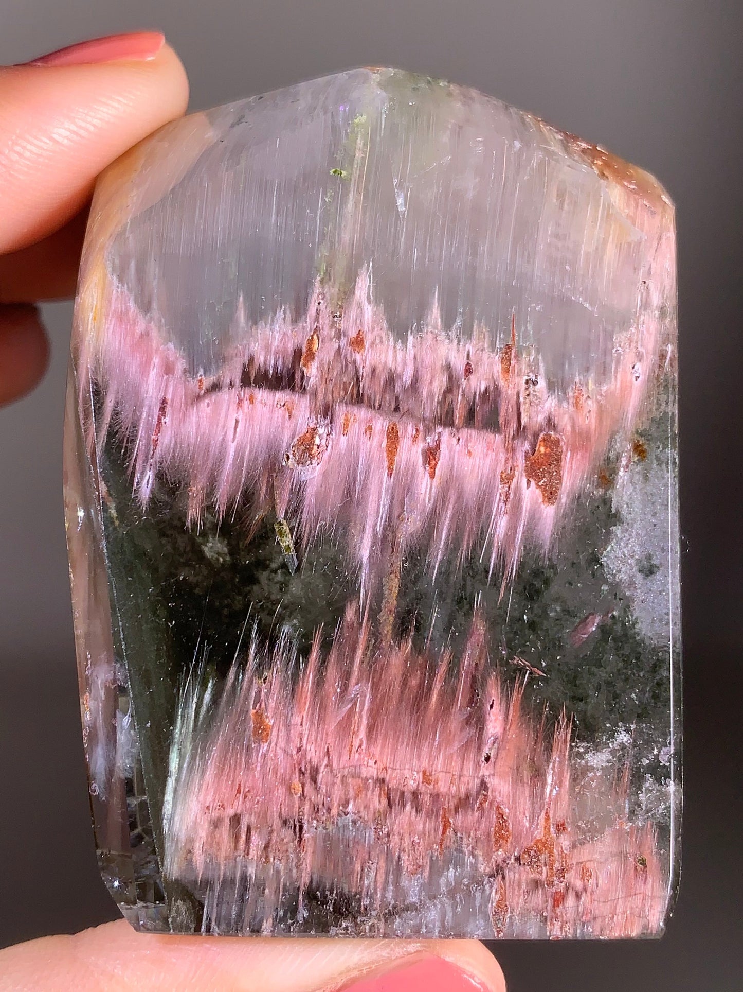 High-Grade Pink Amphibole & Green Garden Quartz Polished Freeform Self-Standing Crystal from Congo