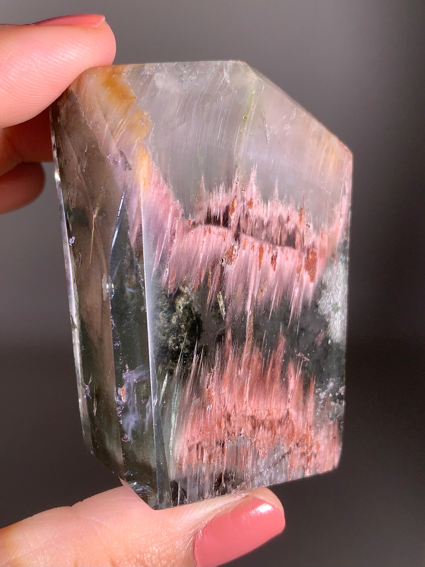 High-Grade Pink Amphibole & Green Garden Quartz Polished Freeform Self-Standing Crystal from Congo