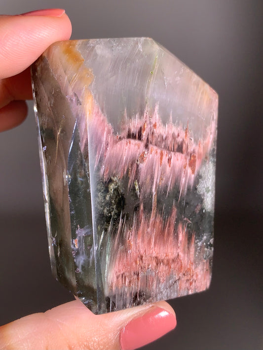 High-Grade Pink Amphibole & Green Garden Quartz Polished Freeform Self-Standing Crystal from Congo