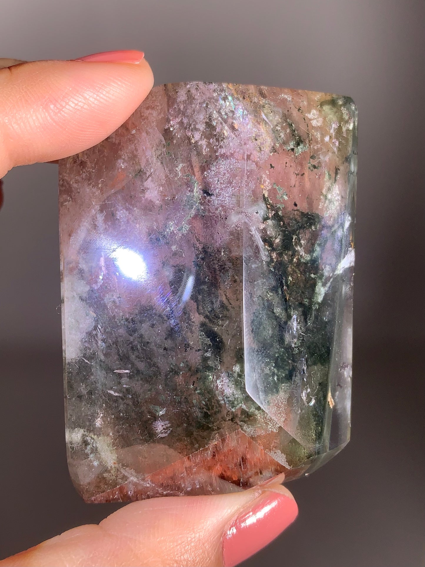 High-Grade Pink Amphibole & Green Garden Quartz Polished Freeform Self-Standing Crystal from Congo