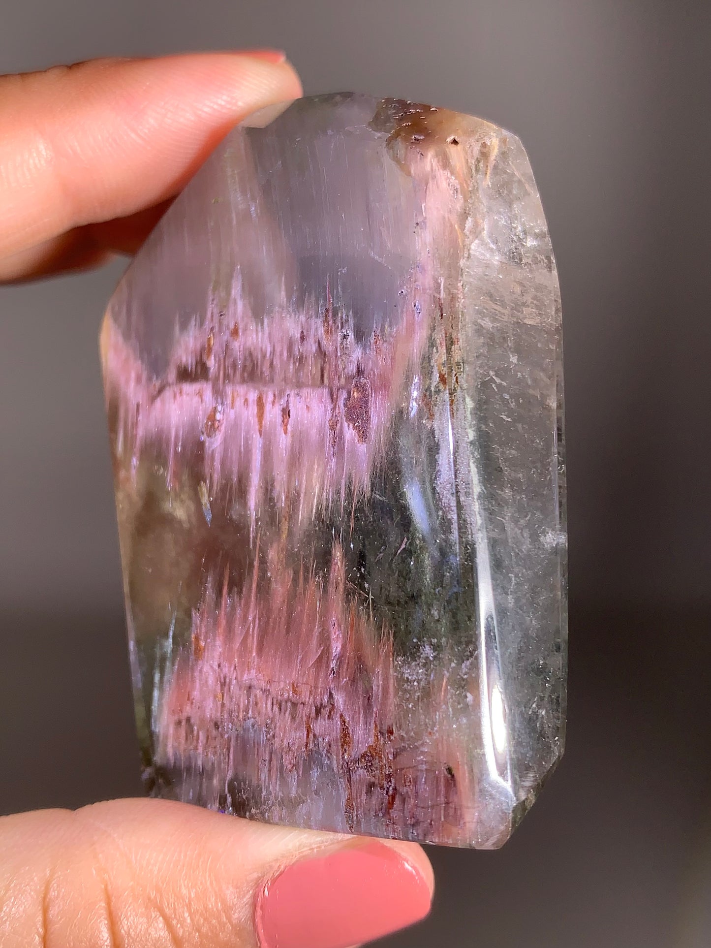 High-Grade Pink Amphibole & Green Garden Quartz Polished Freeform Self-Standing Crystal from Congo