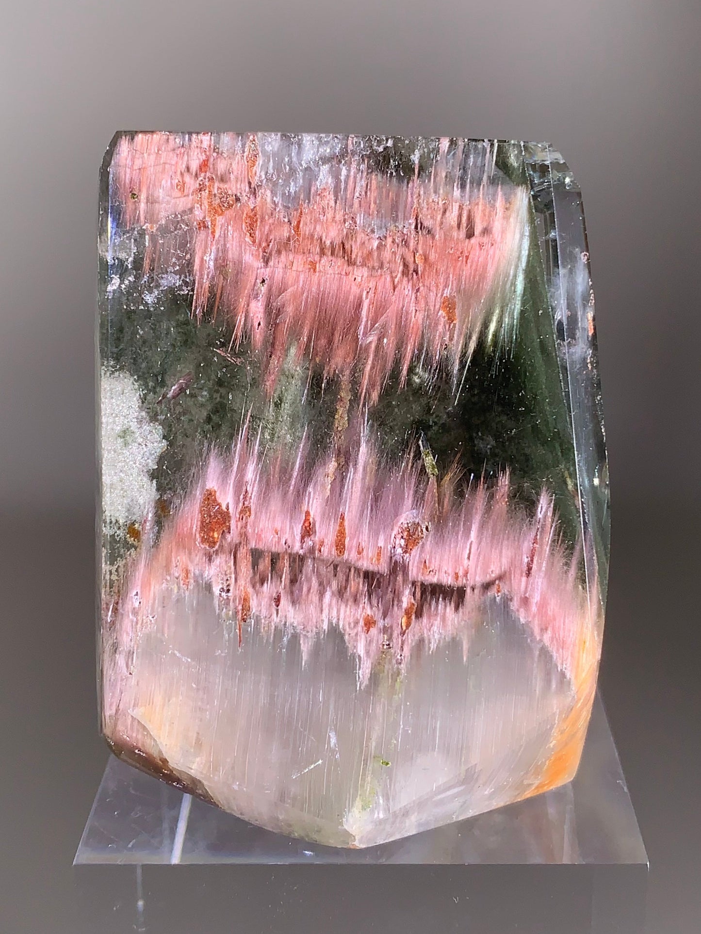 High-Grade Pink Amphibole & Green Garden Quartz Polished Freeform Self-Standing Crystal from Congo
