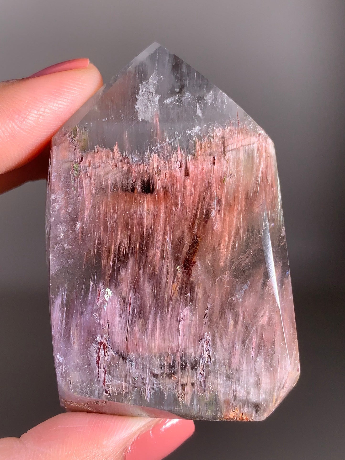 High-Grade Pink & Grey Amphibole Quartz Polished Tower from Congo
