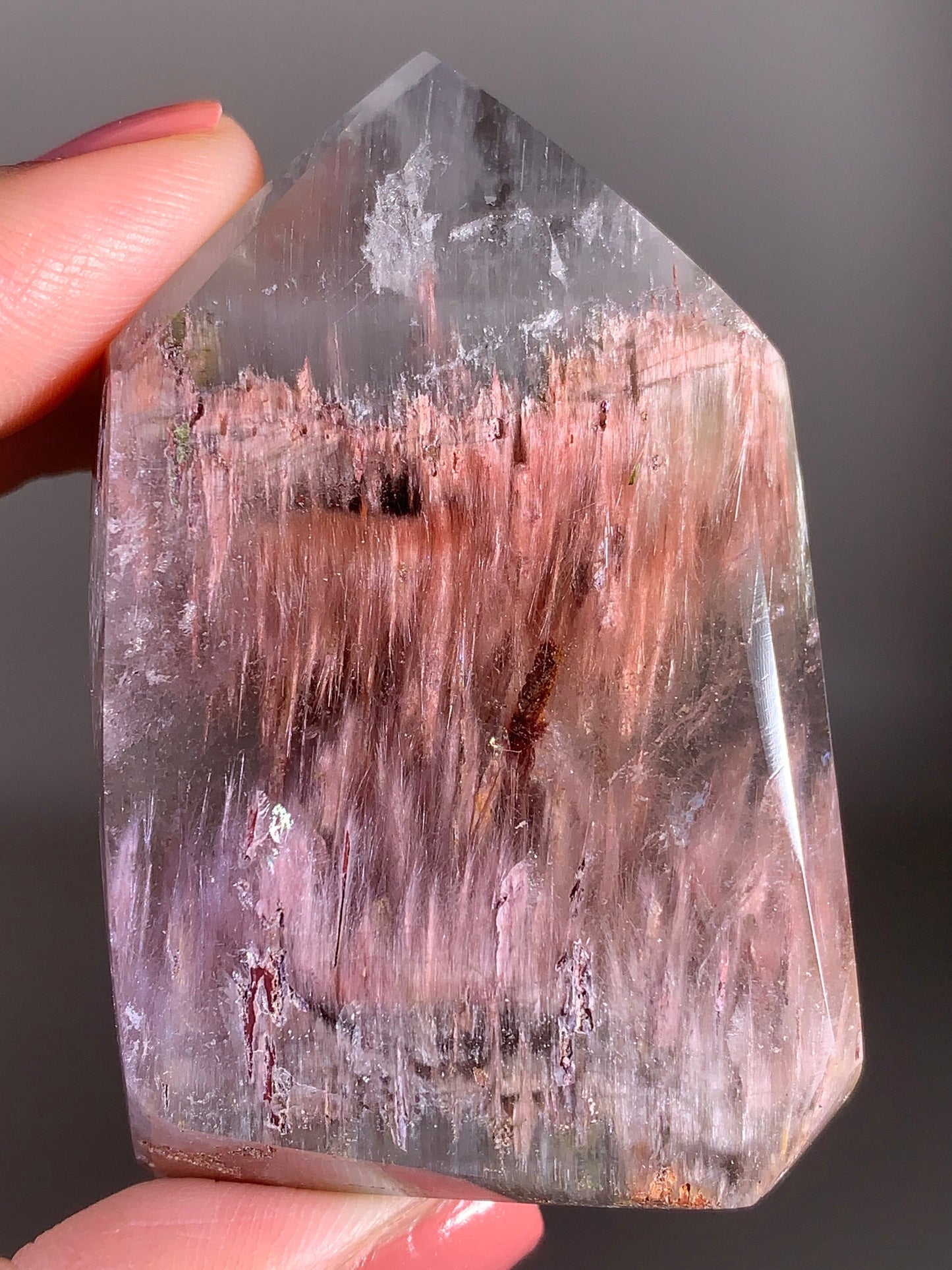 High-Grade Pink & Grey Amphibole Quartz Polished Tower from Congo