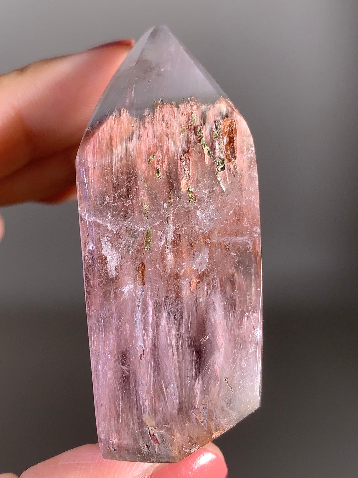 High-Grade Pink & Grey Amphibole Quartz Polished Tower from Congo
