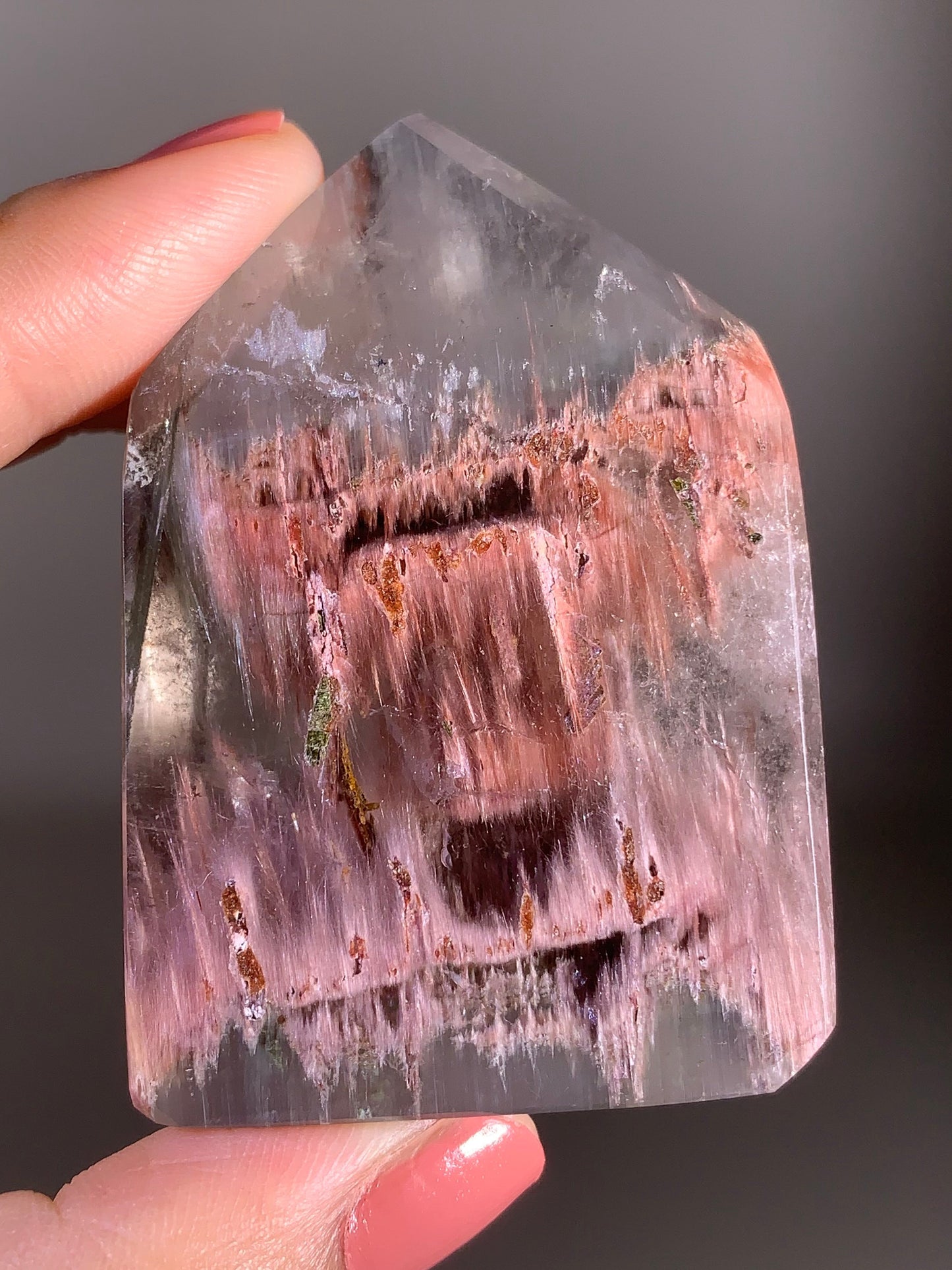 High-Grade Pink & Grey Amphibole Quartz Polished Tower from Congo