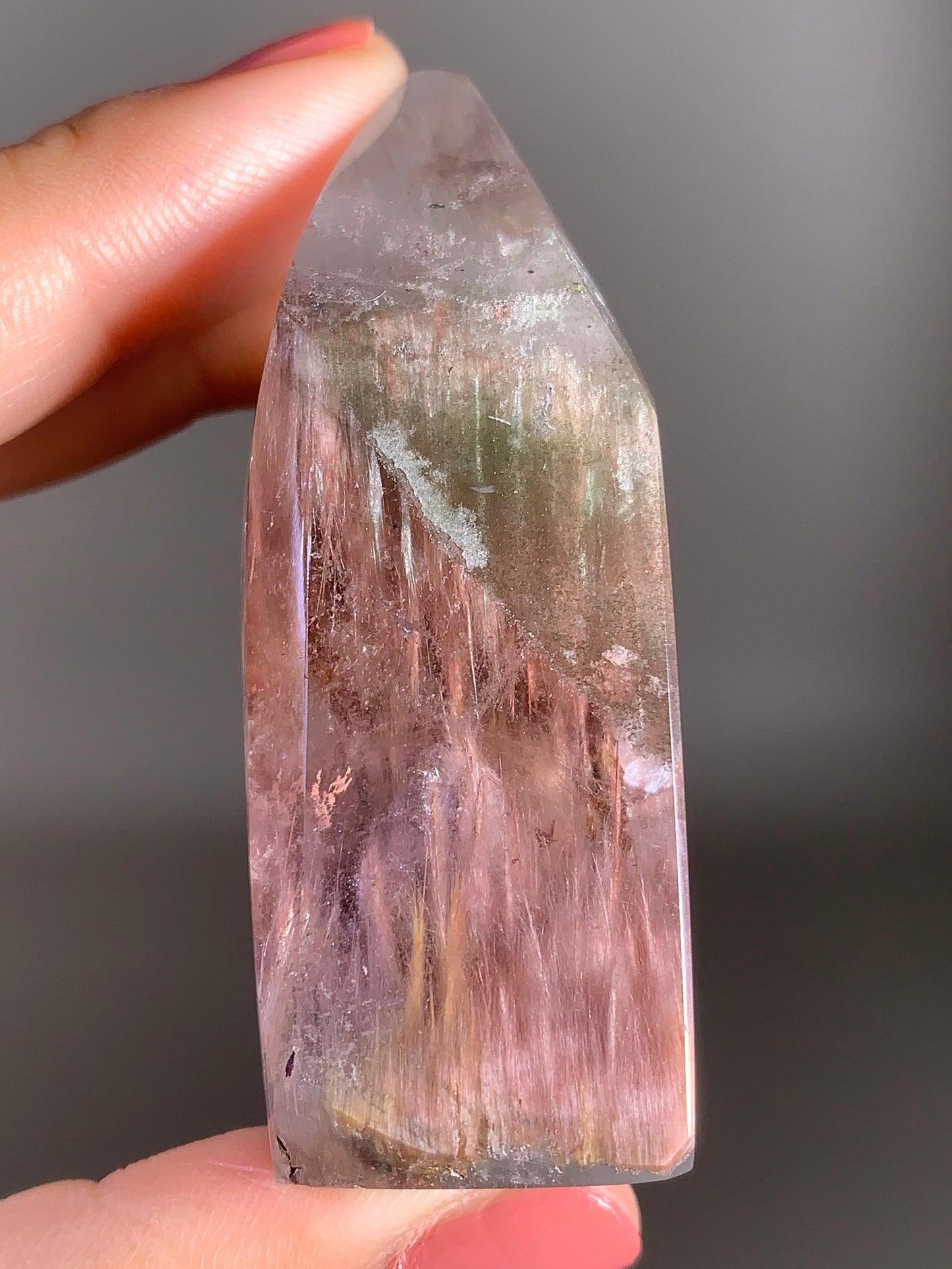High-Grade Pink & Grey Amphibole Quartz Polished Tower from Congo