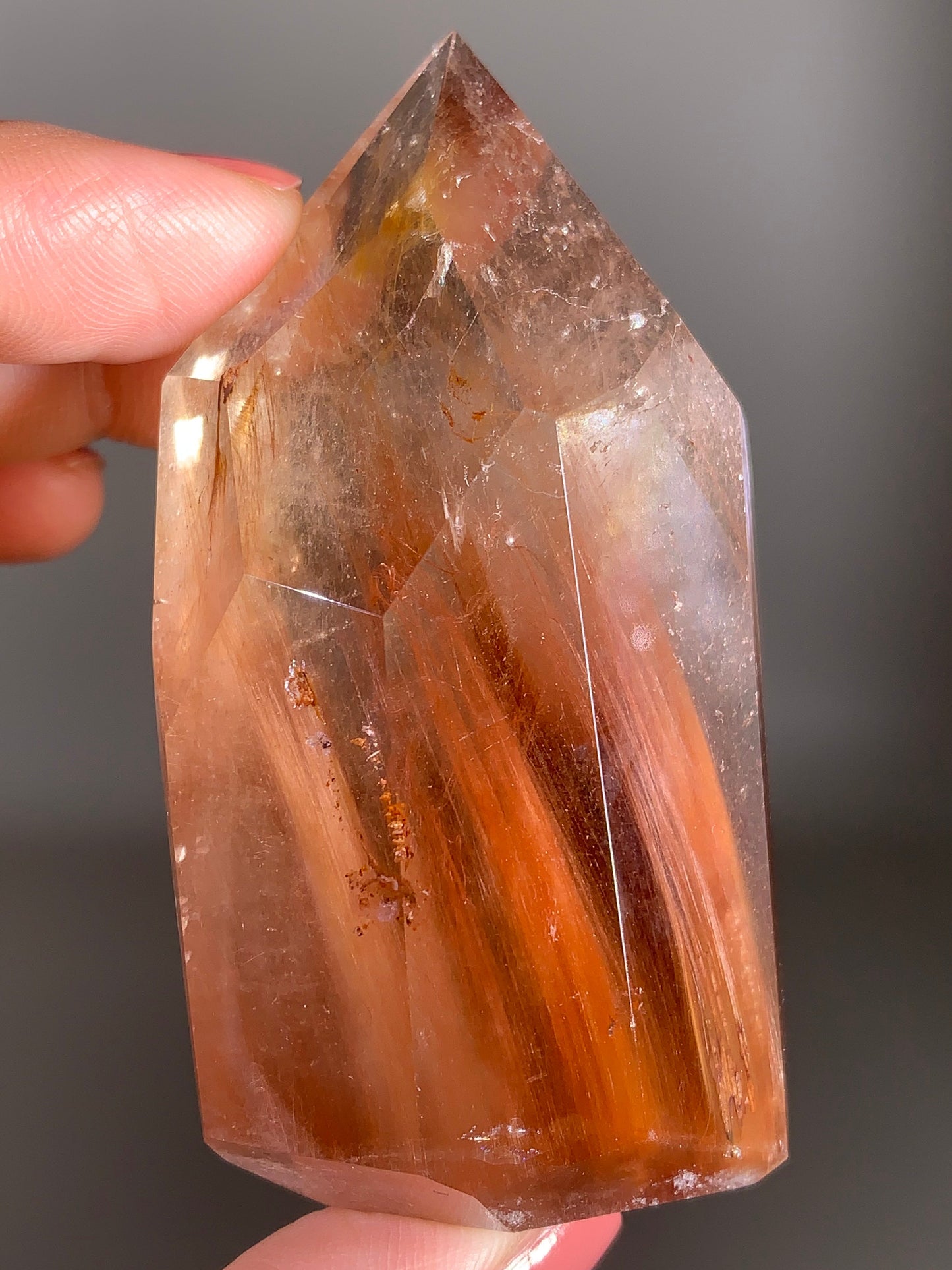 Fiery Red Amphibole Quartz Polished Crystal Tower