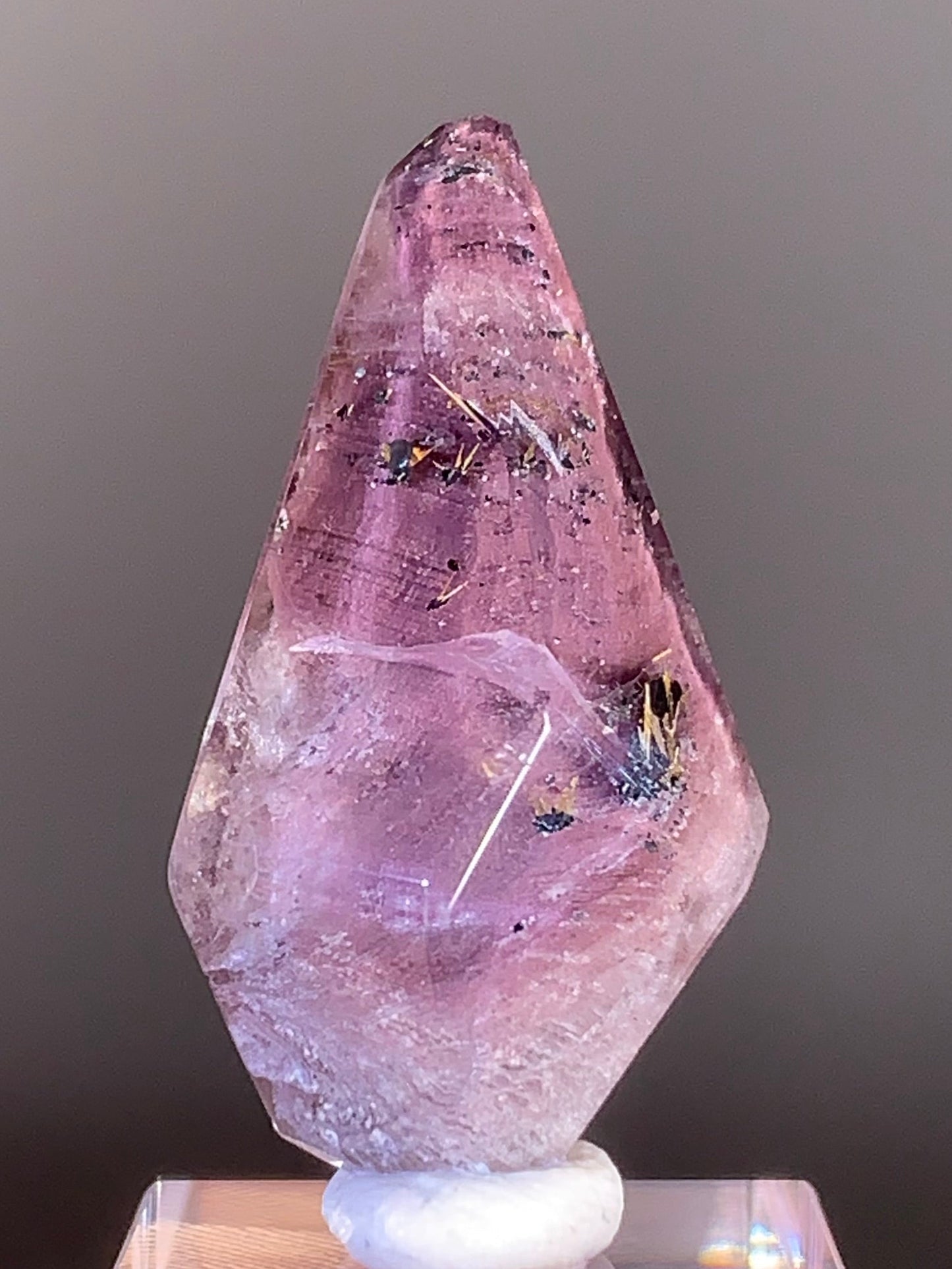 High-Grade Pink Lithium Quartz Polished Freeform from Brazil with Purple Layered Garden & Novo Horizonte Rutile