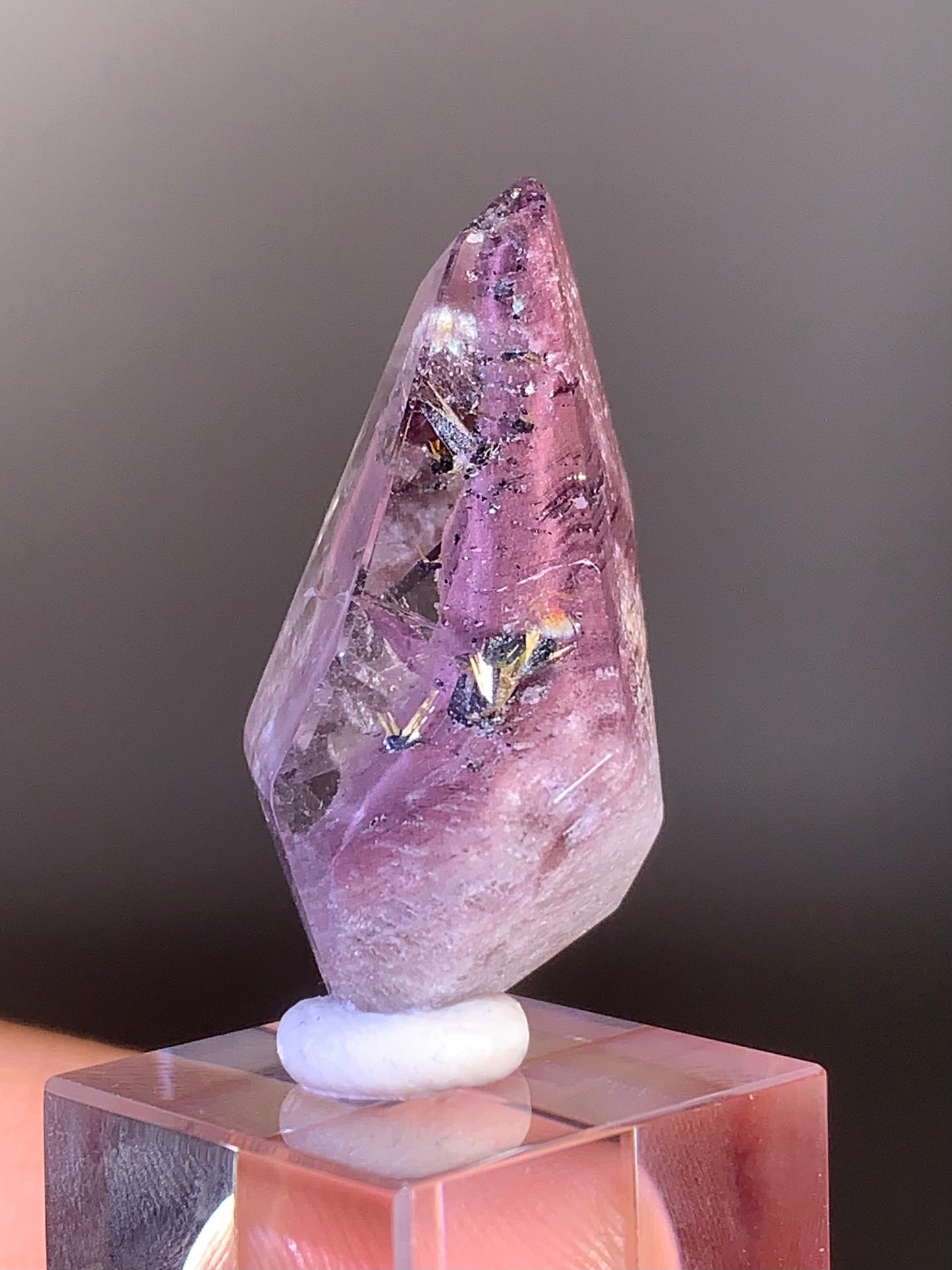 High-Grade Pink Lithium Quartz Polished Freeform from Brazil with Purple Layered Garden & Novo Horizonte Rutile