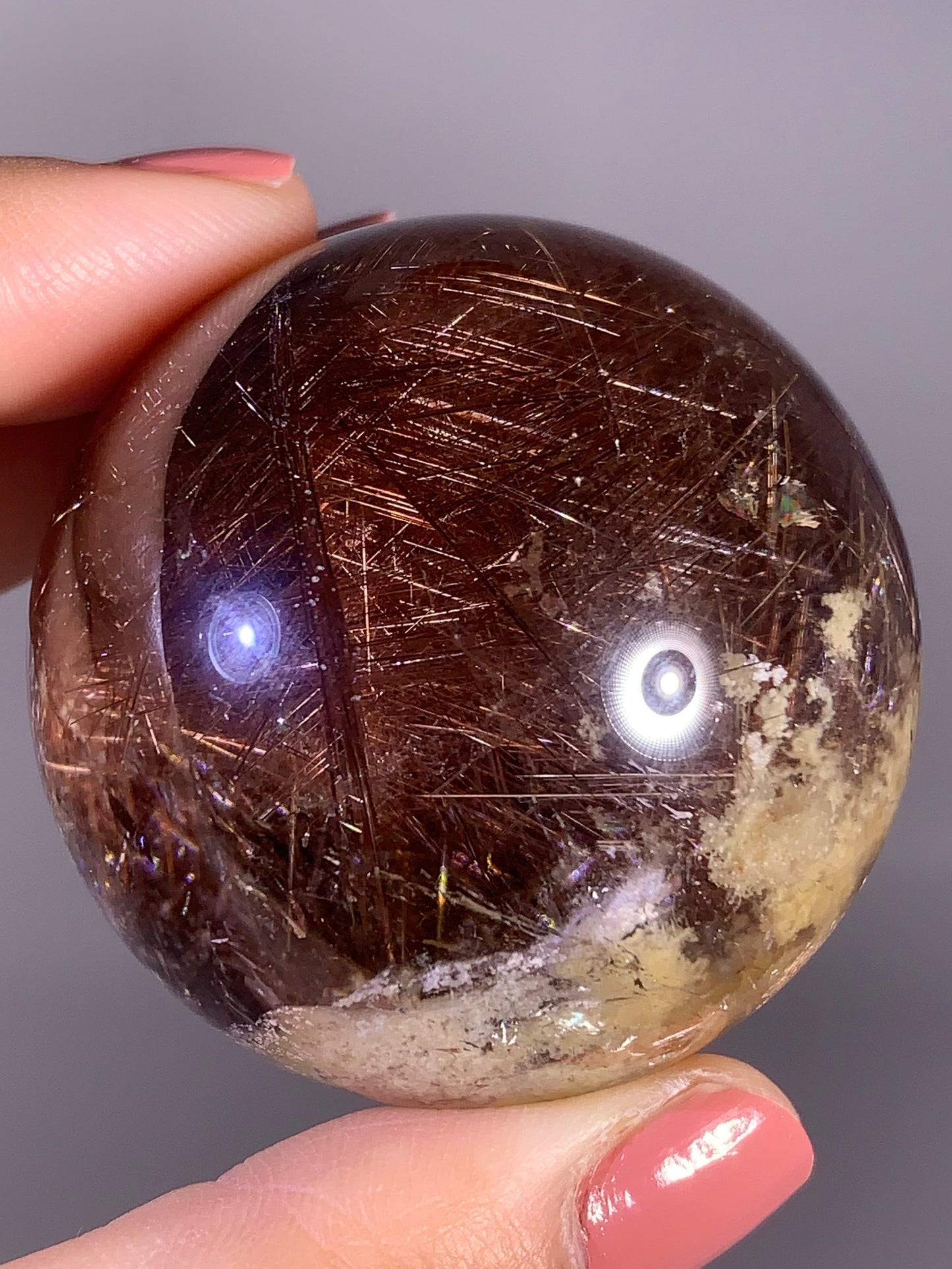 Collector’s Piece Large Copper Lattice Rutile Quartz Sphere with Cream Garden Inclusions from Brazil