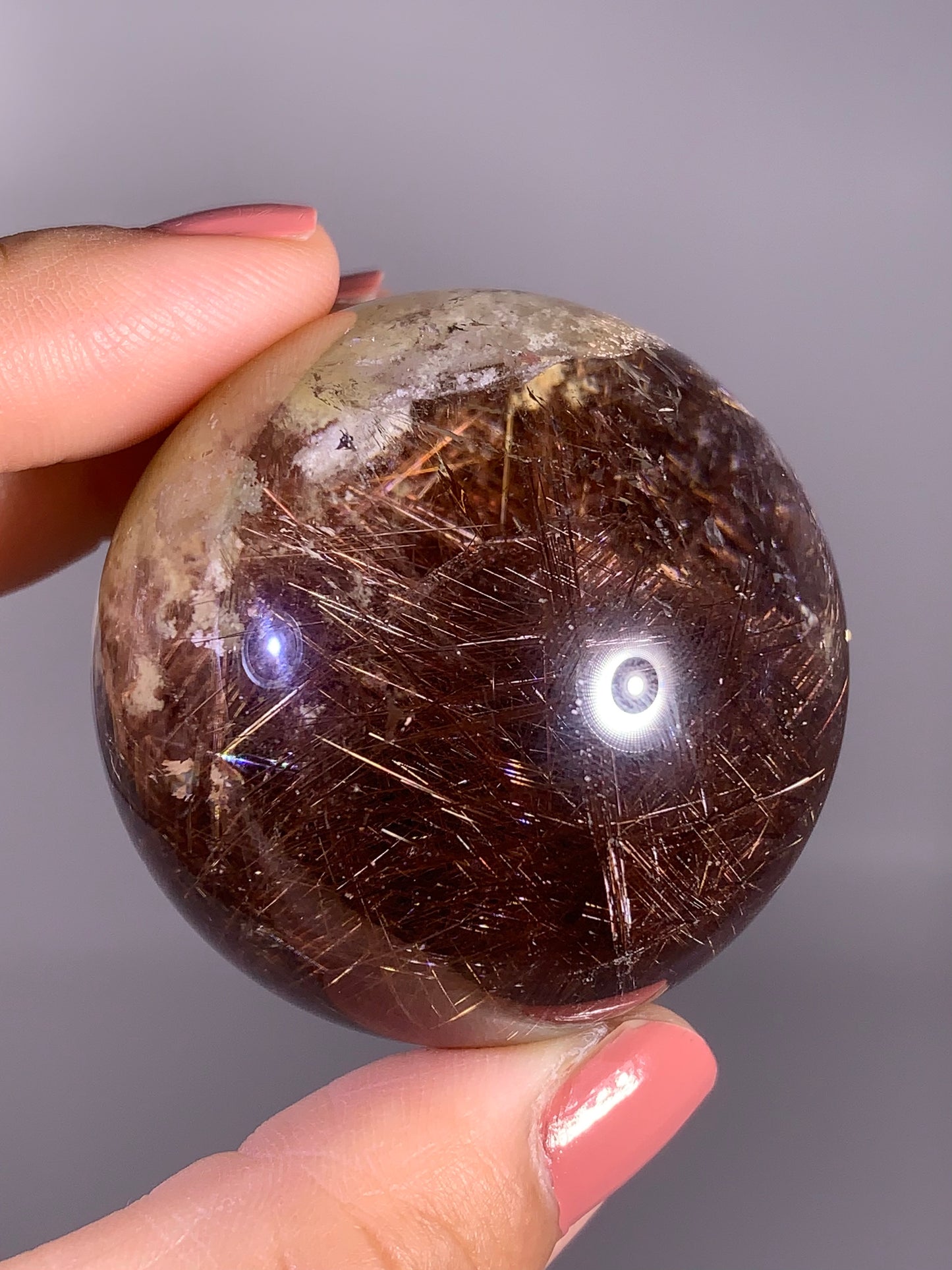 Collector’s Piece Large Copper Lattice Rutile Quartz Sphere with Cream Garden Inclusions from Brazil