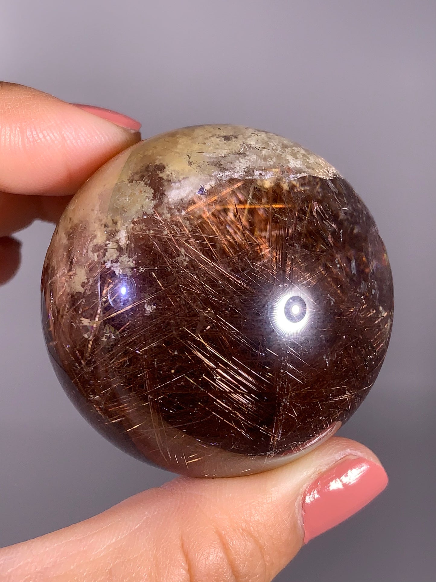 Collector’s Piece Large Copper Lattice Rutile Quartz Sphere with Cream Garden Inclusions from Brazil
