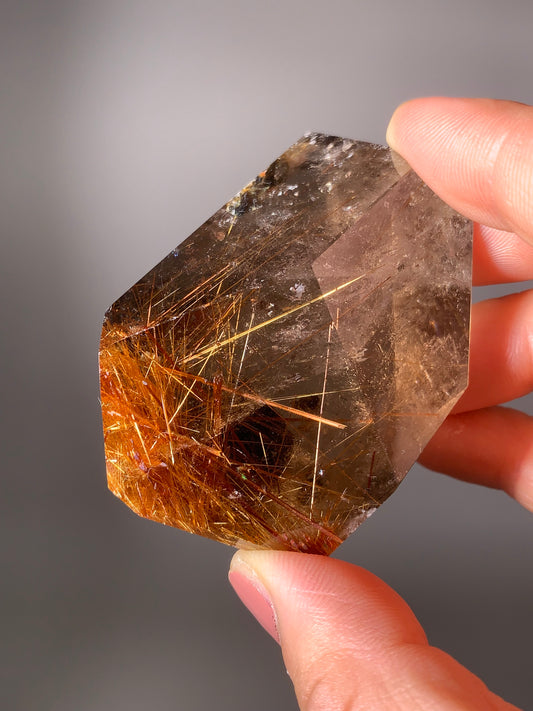 Gold & Copper Rutile Smoky Quartz with Green Epidote Inclusion Polished Freeform