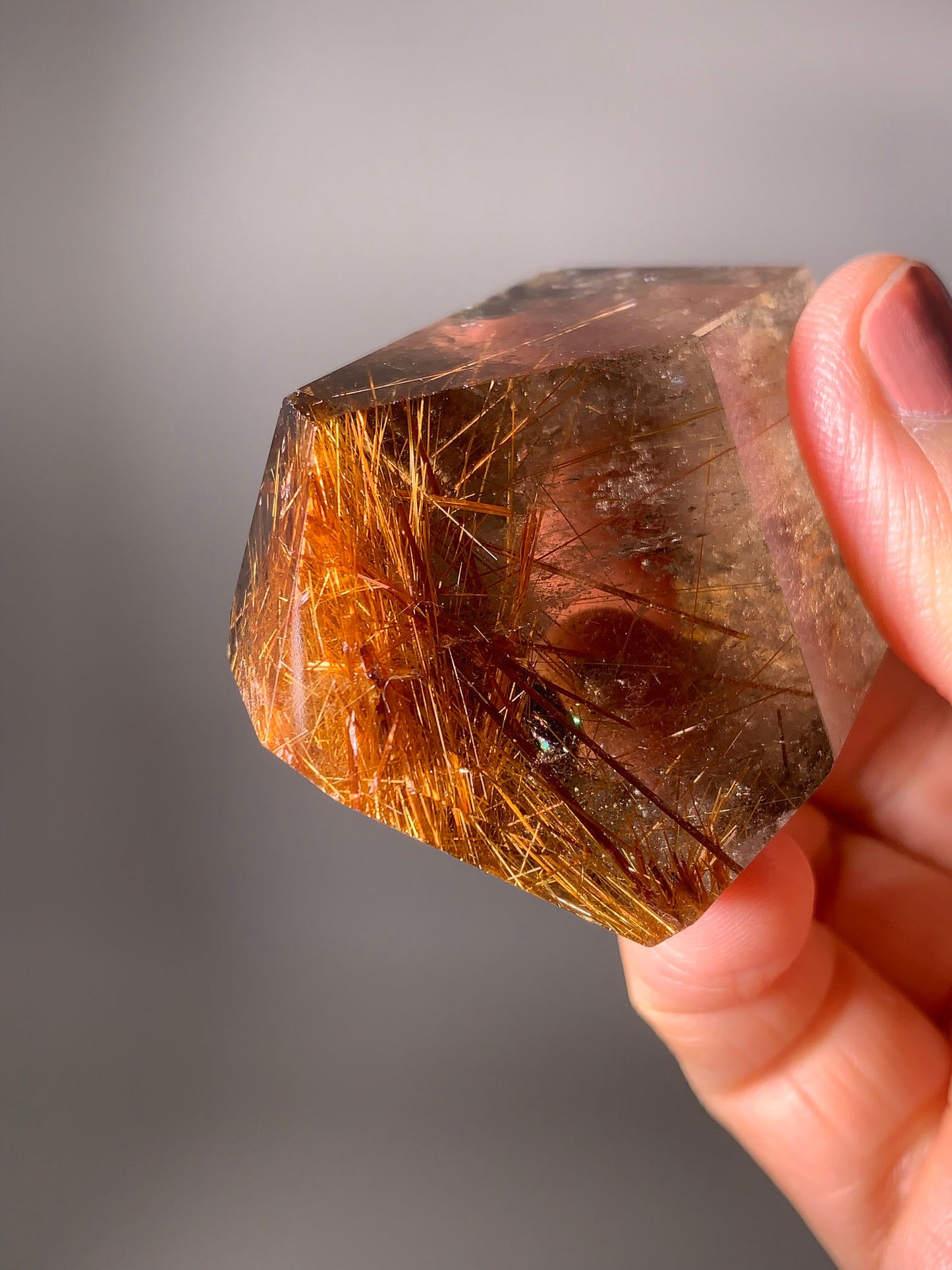 Gold & Copper Rutile Smoky Quartz with Green Epidote Inclusion Polished Freeform