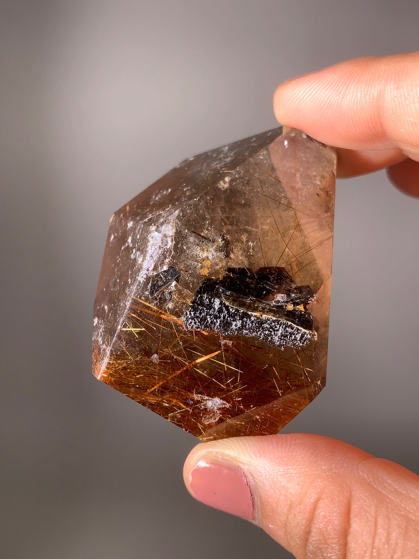 Gold & Copper Rutile Smoky Quartz with Green Epidote Inclusion Polished Freeform