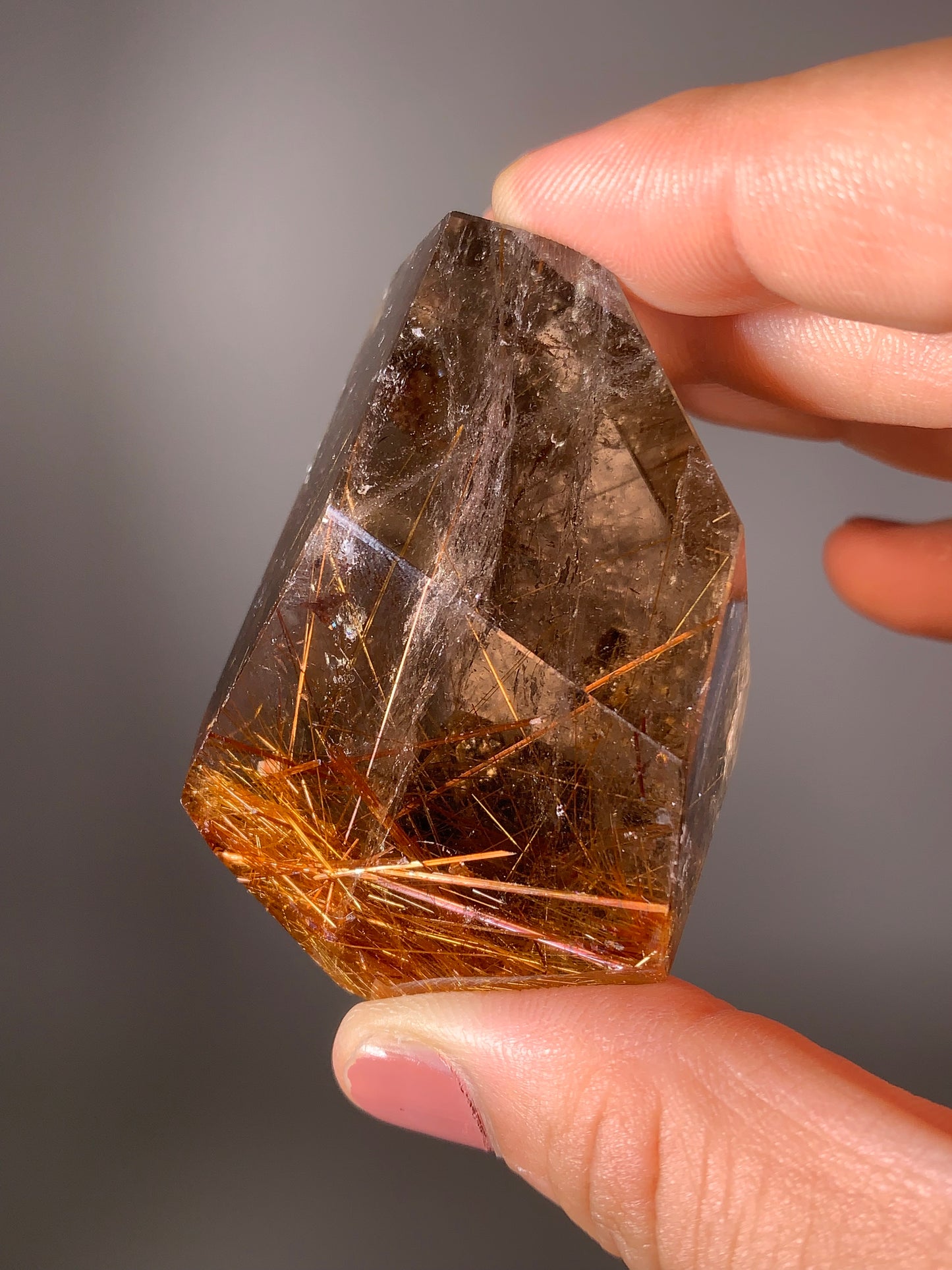 Gold & Copper Rutile Smoky Quartz with Green Epidote Inclusion Polished Freeform