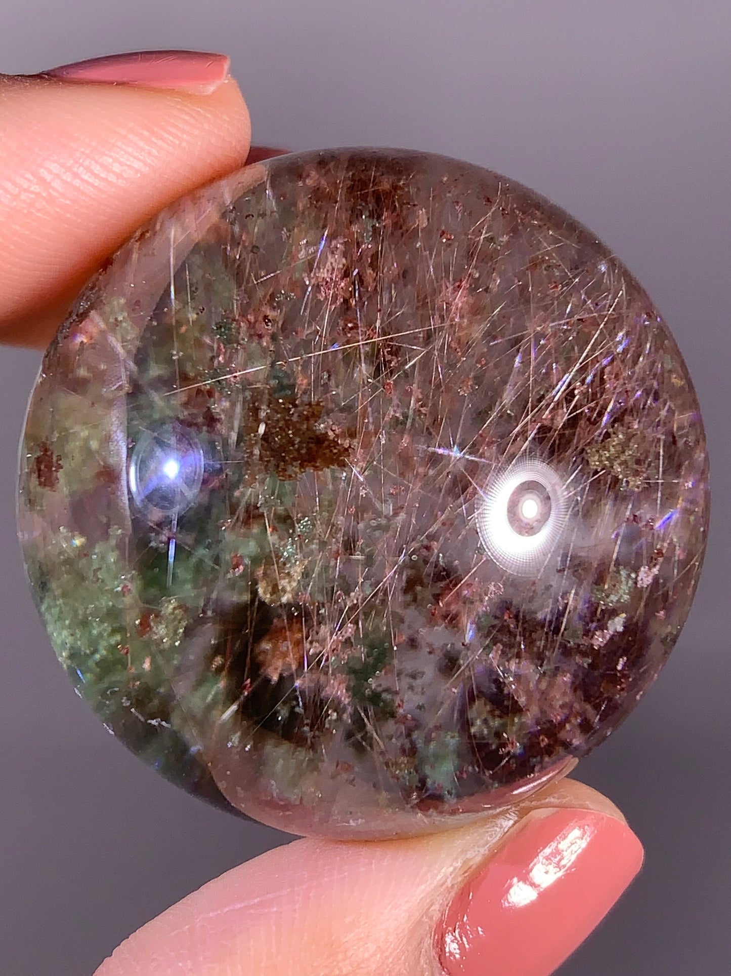Collector’s Grade Rare Four Season Garden Quartz Sphere with Pink Shooting Star Rutile from Brazil