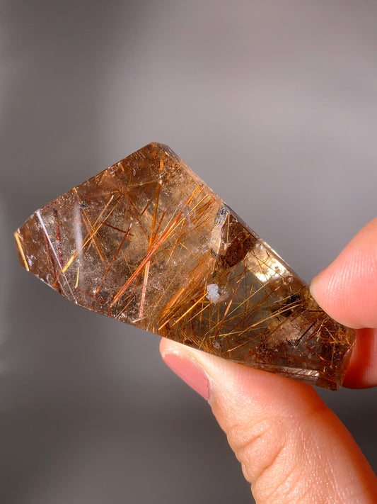 Gold & Copper & Black Rutile Quartz With Green Epidote Inclusion Polished Freeform