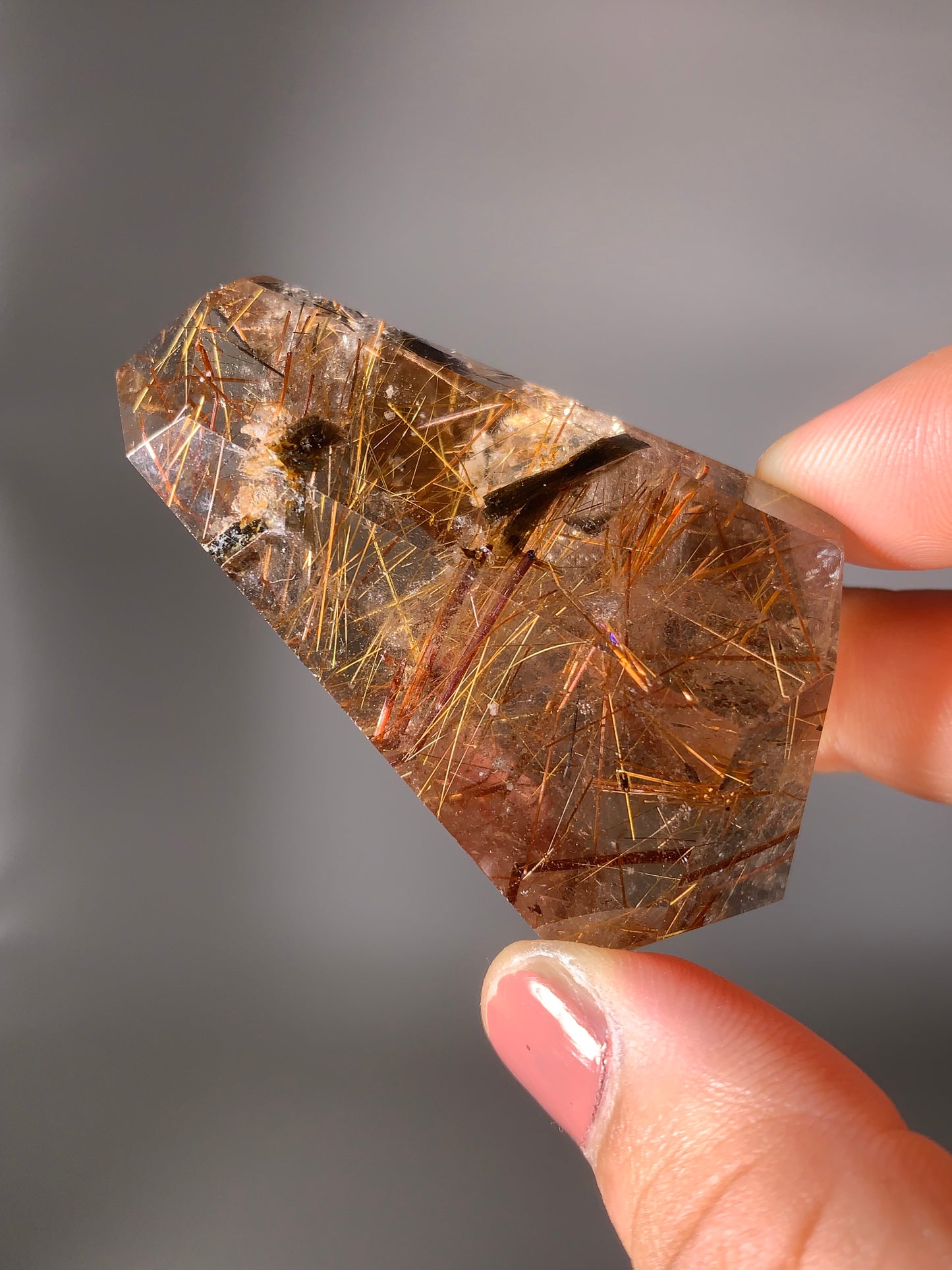 Gold & Copper & Black Rutile Quartz With Green Epidote Inclusion Polished Freeform