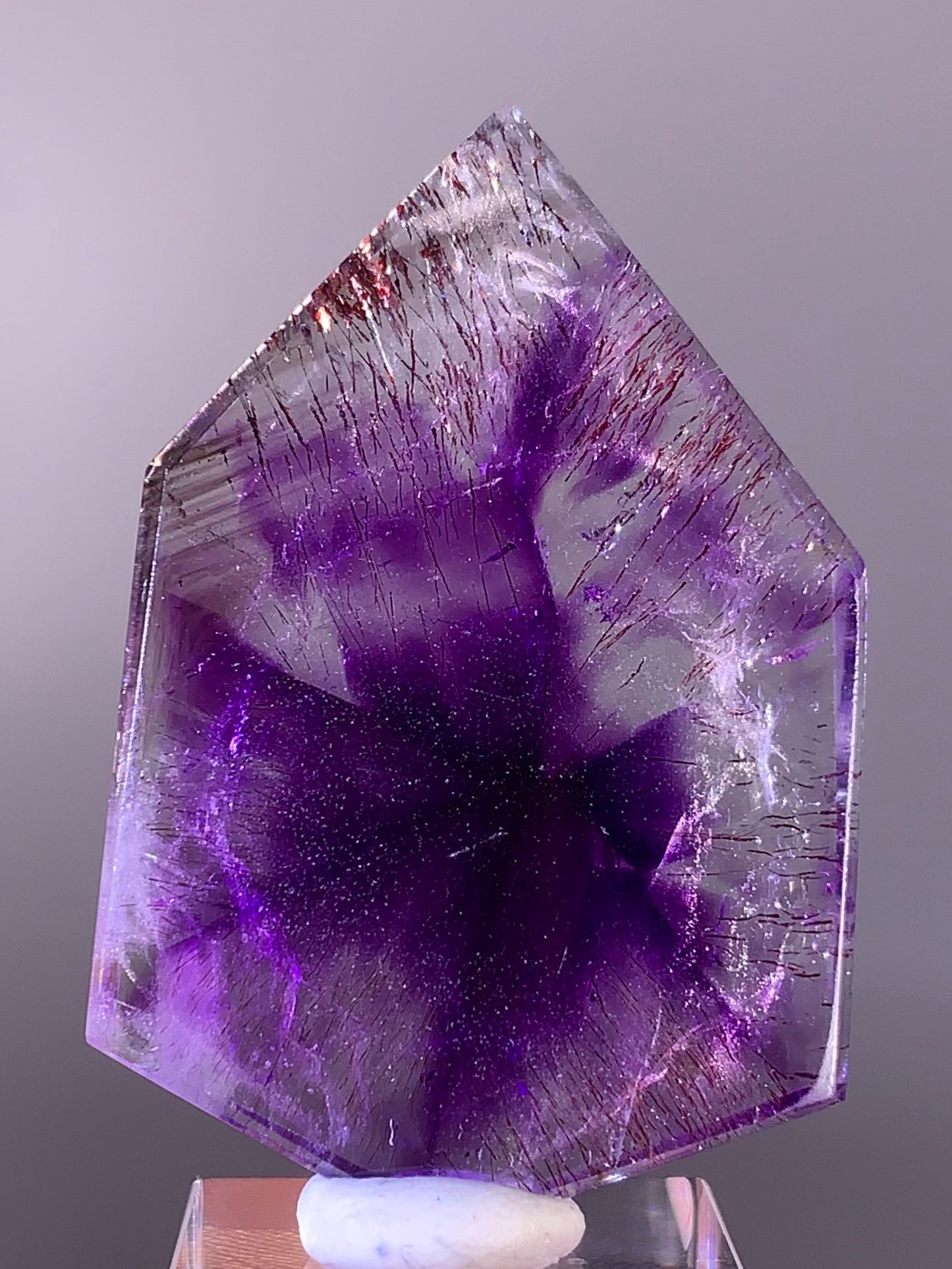 High-Grade Super Seven Quartz Slice with Trapiche & Deep Red Lepidocrocite