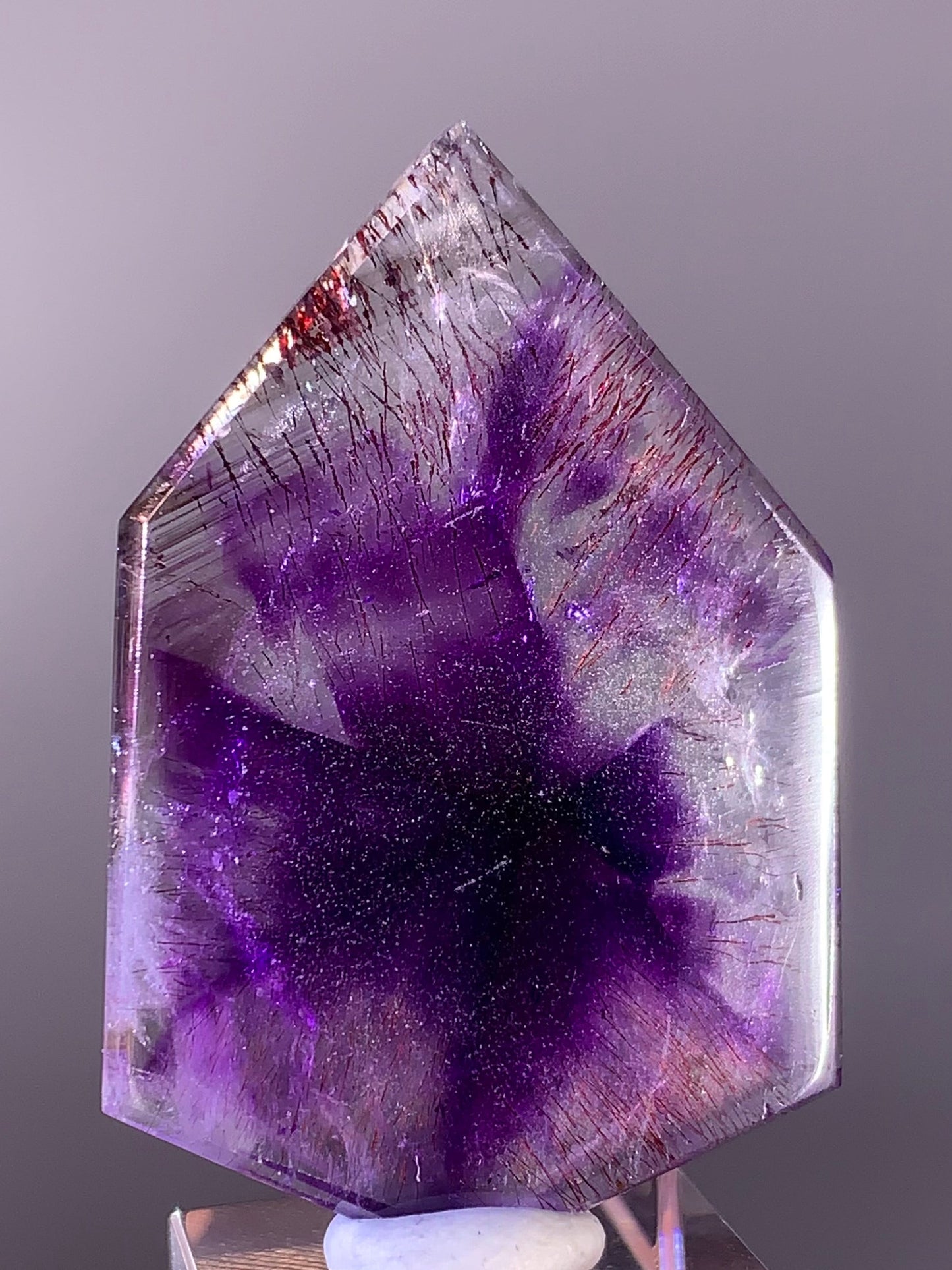 High-Grade Super Seven Quartz Slice with Trapiche & Deep Red Lepidocrocite