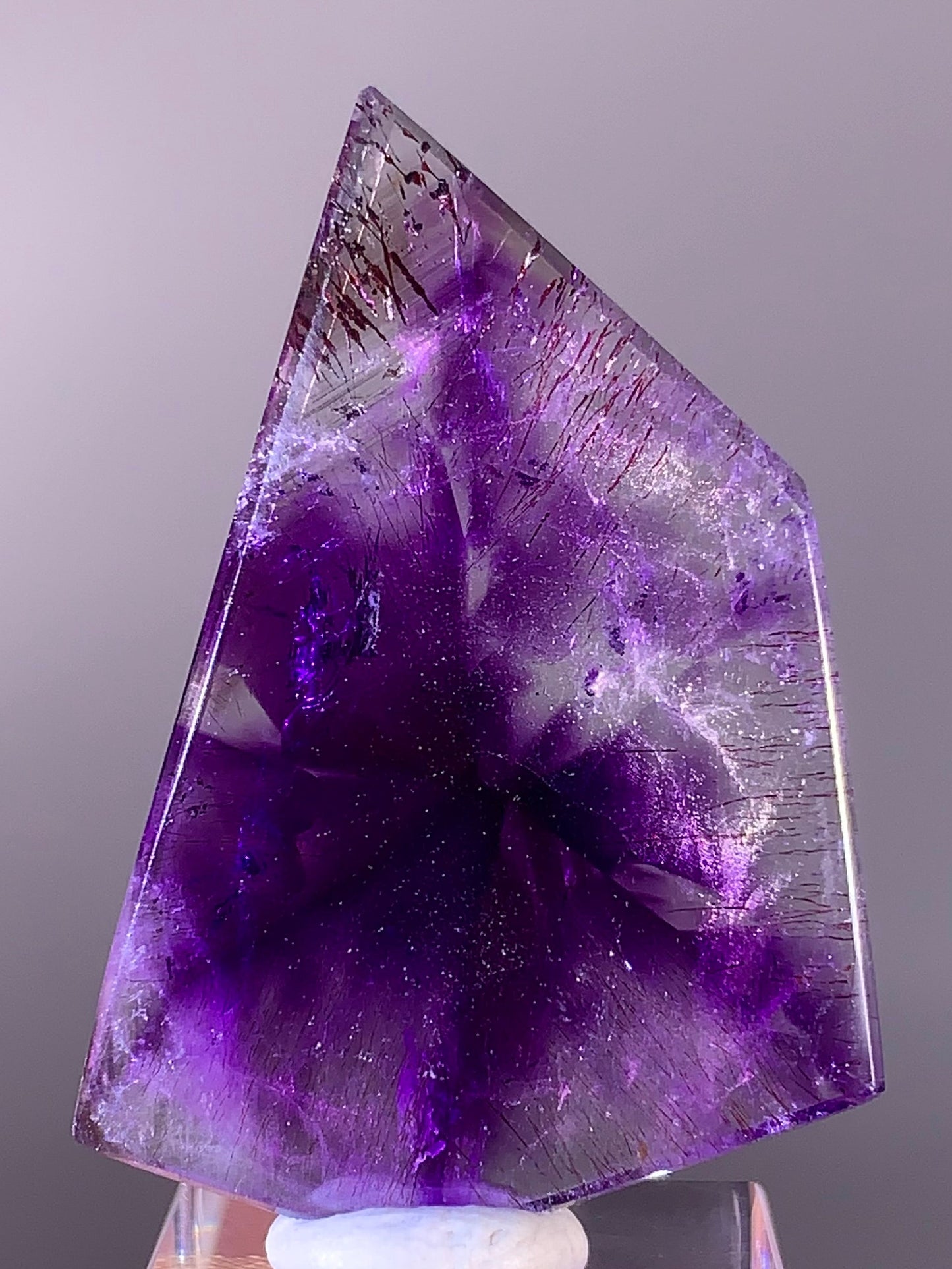 High-Grade Super Seven Quartz Slice with Trapiche & Deep Red Lepidocrocite
