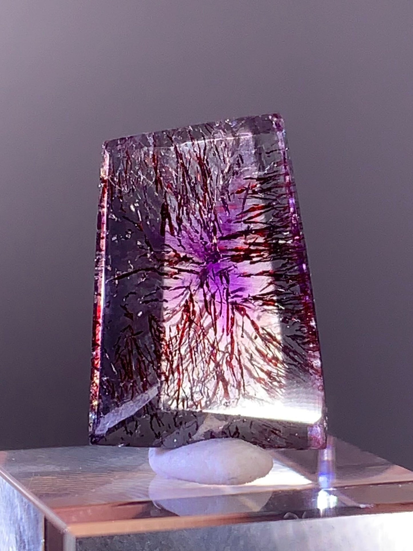 High-Grade Super Seven Quartz Slice with Trapiche & Deep Red Lepidocrocite