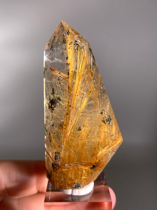 High-Quality Richly Packed Gold Copper Rutile Quartz Polished Tower