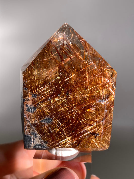 High-Quality Richly Packed Copper Rutile Smoky Quartz Polished Tower