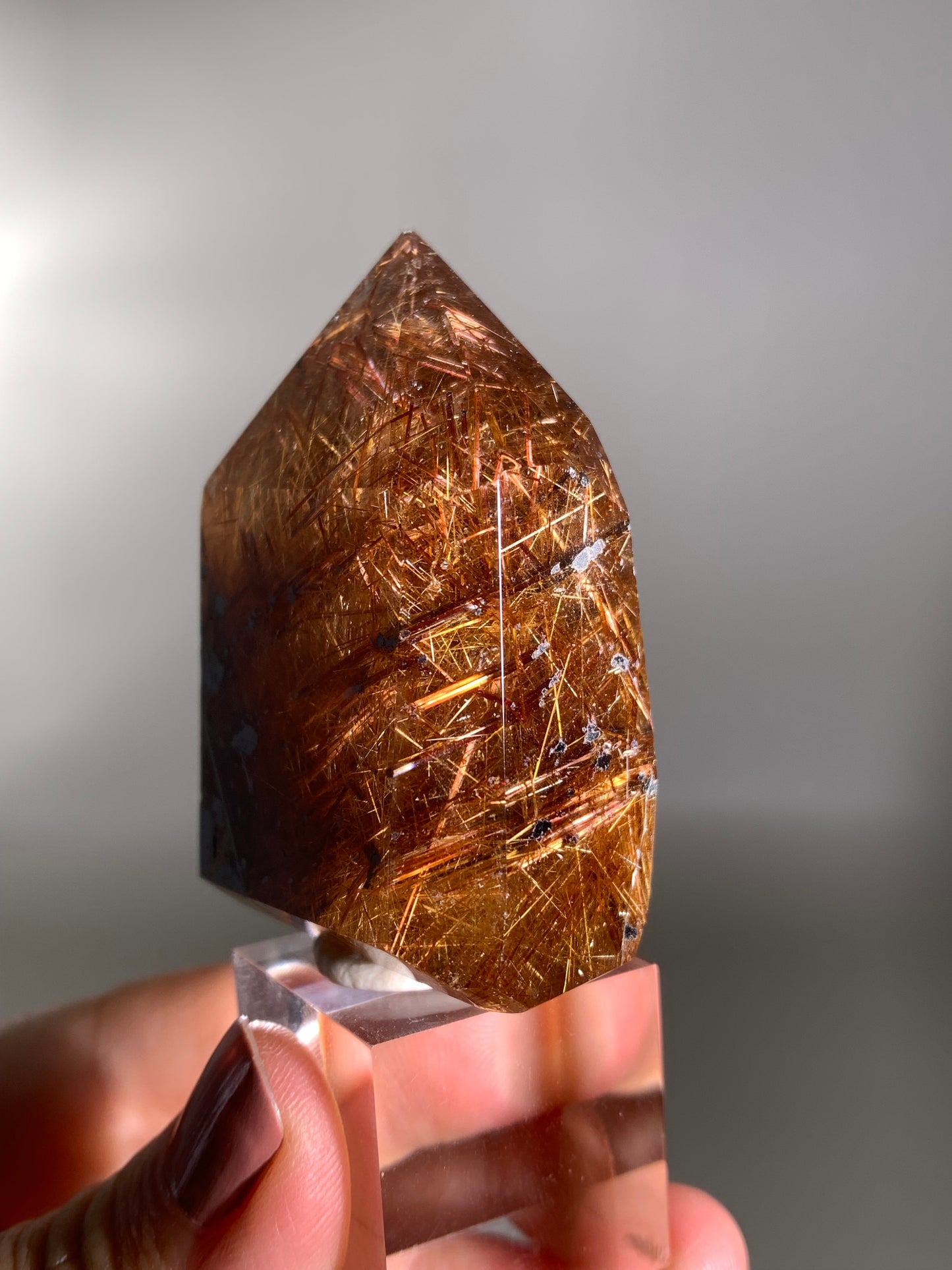 High-Quality Richly Packed Copper Rutile Smoky Quartz Polished Tower