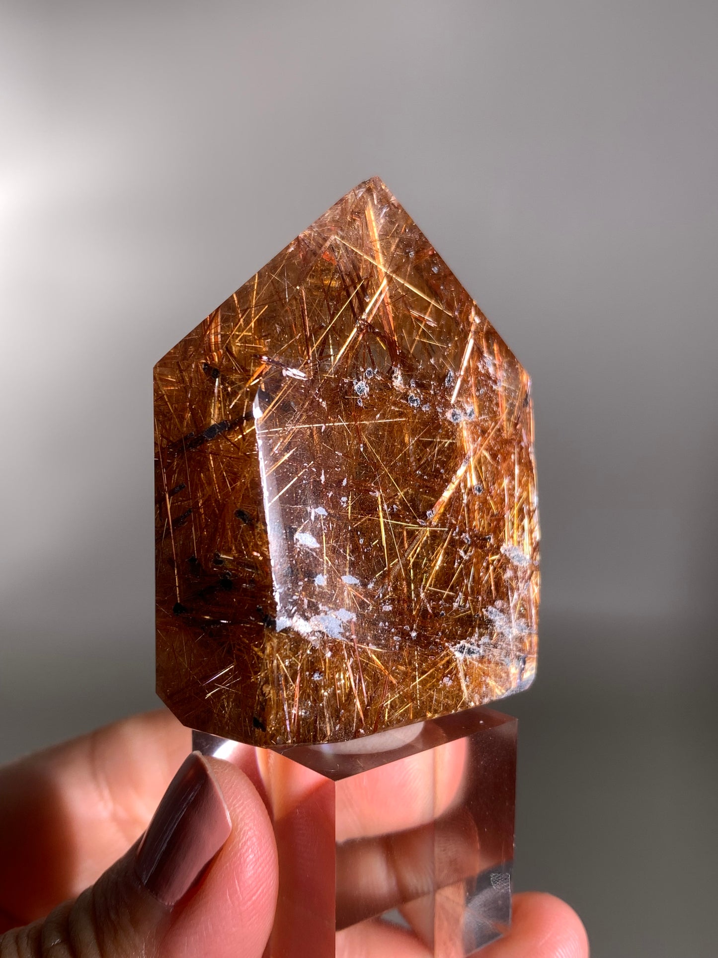 High-Quality Richly Packed Copper Rutile Smoky Quartz Polished Tower