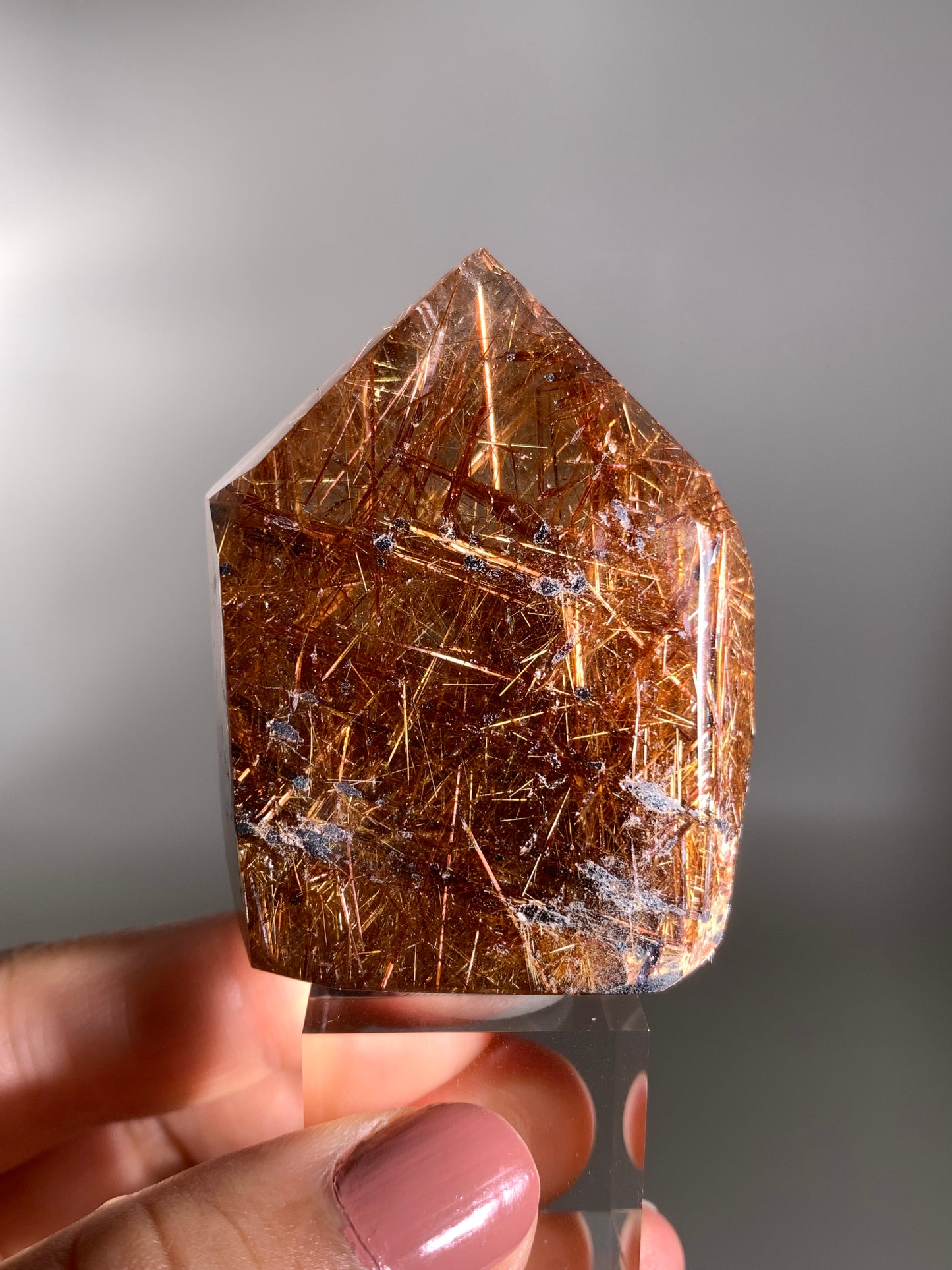 High-Quality Richly Packed Copper Rutile Smoky Quartz Polished Tower