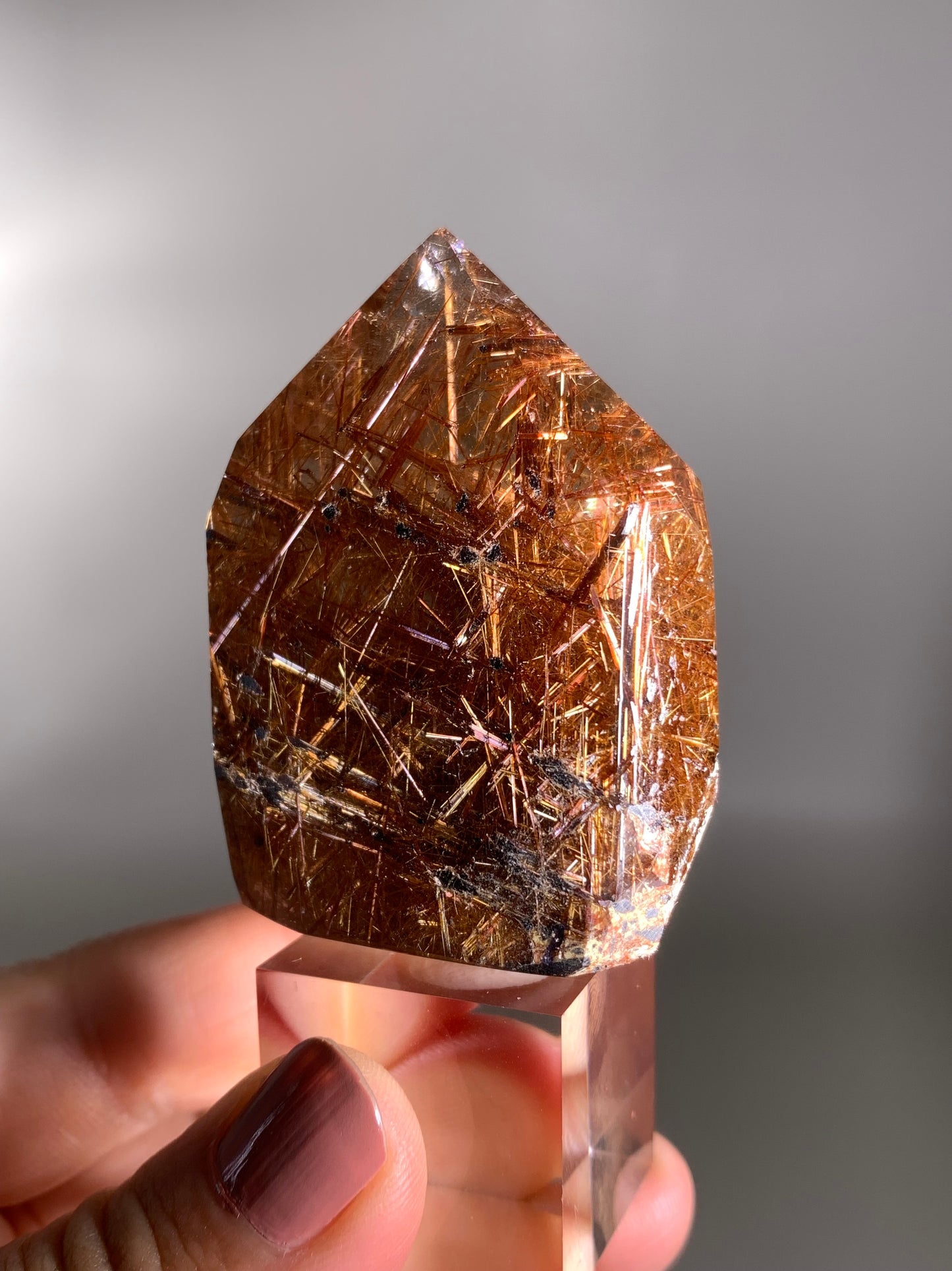 High-Quality Richly Packed Copper Rutile Smoky Quartz Polished Tower
