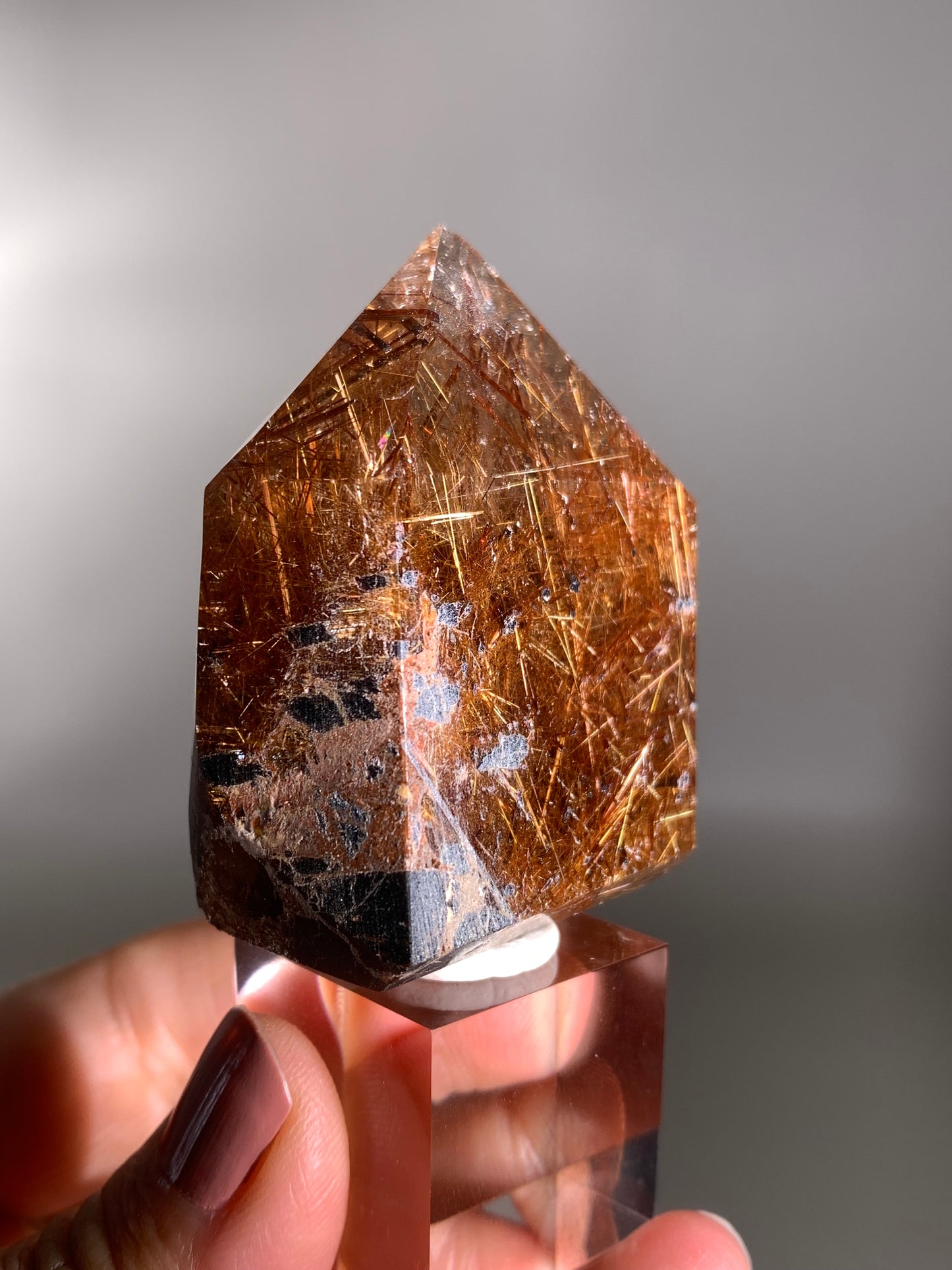 High-Quality Richly Packed Copper Rutile Smoky Quartz Polished Tower