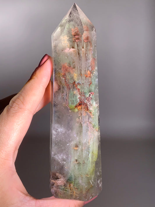 Large Green Amphibole Garden Quartz Tower from Zambia with Epidote & Tourmaline Inclusions